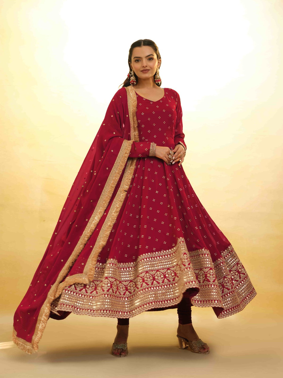 ClothsVilla Maroon Georgette Suit with Embroidery and Shantoon Bottom - view 2