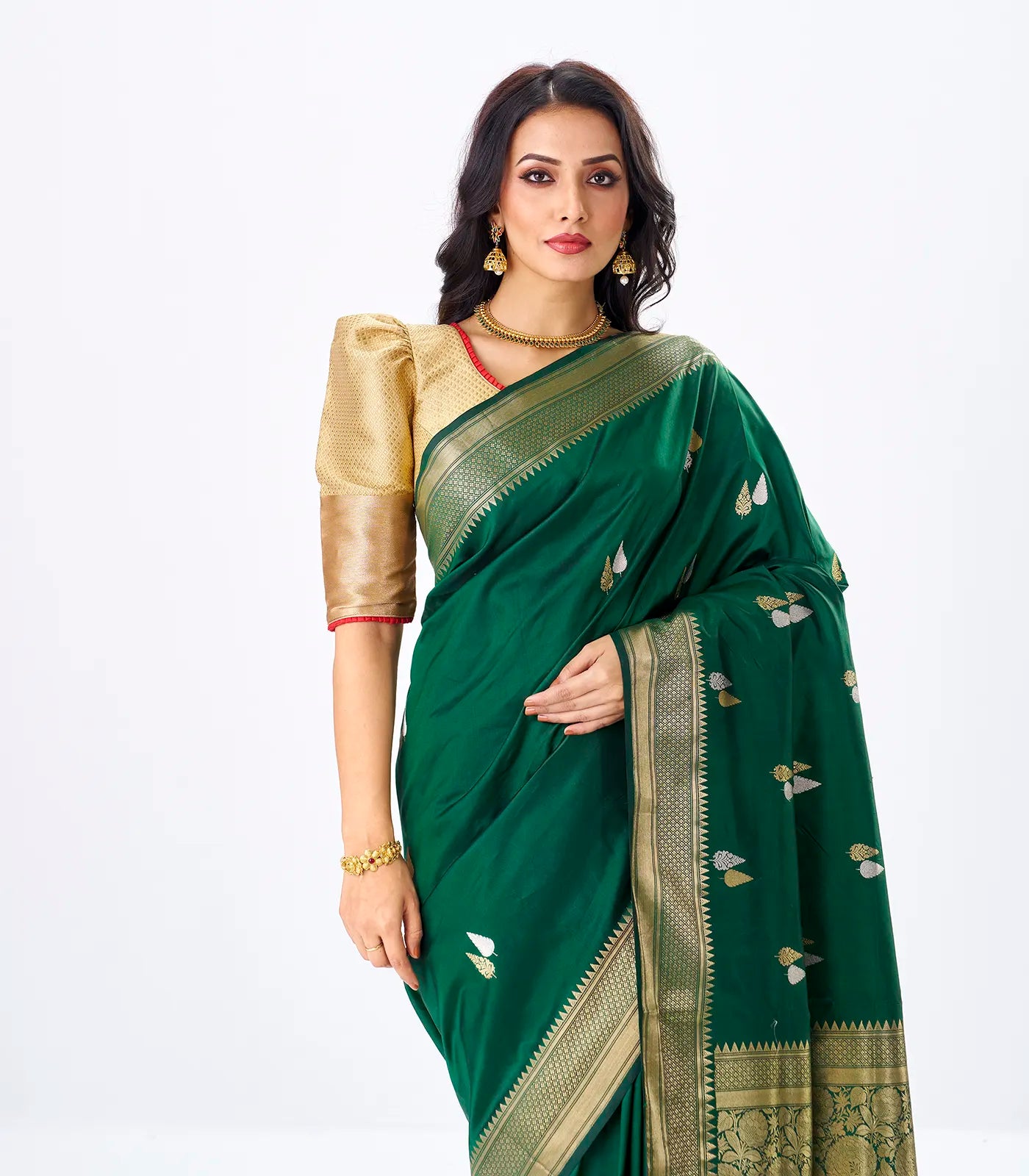 RmKV Dark Green Handloom Banarasi Silk Saree With Gold & Silver Zari Buttas - view 2