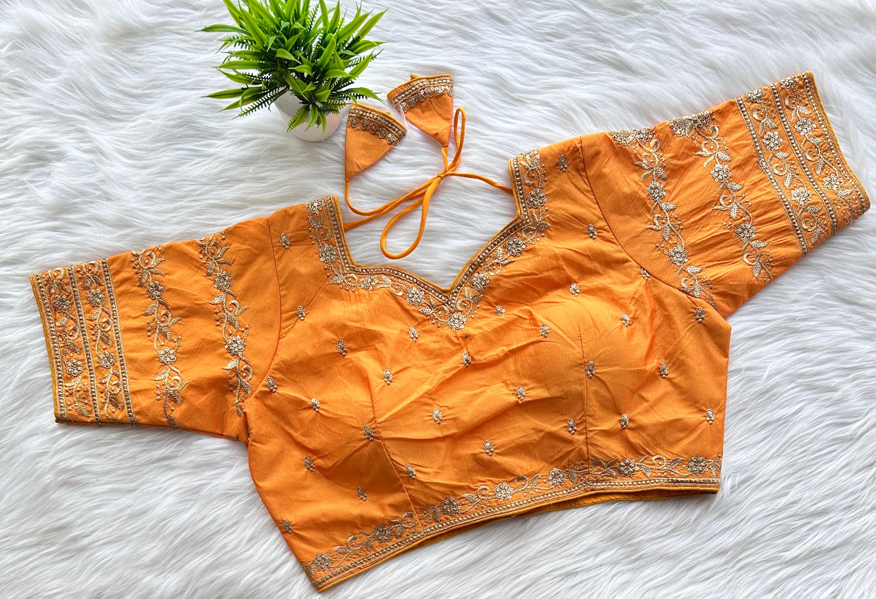 ClothsVilla Orange Rajbhog Silk Embroidered Blouse with Handcrafted Detailing
