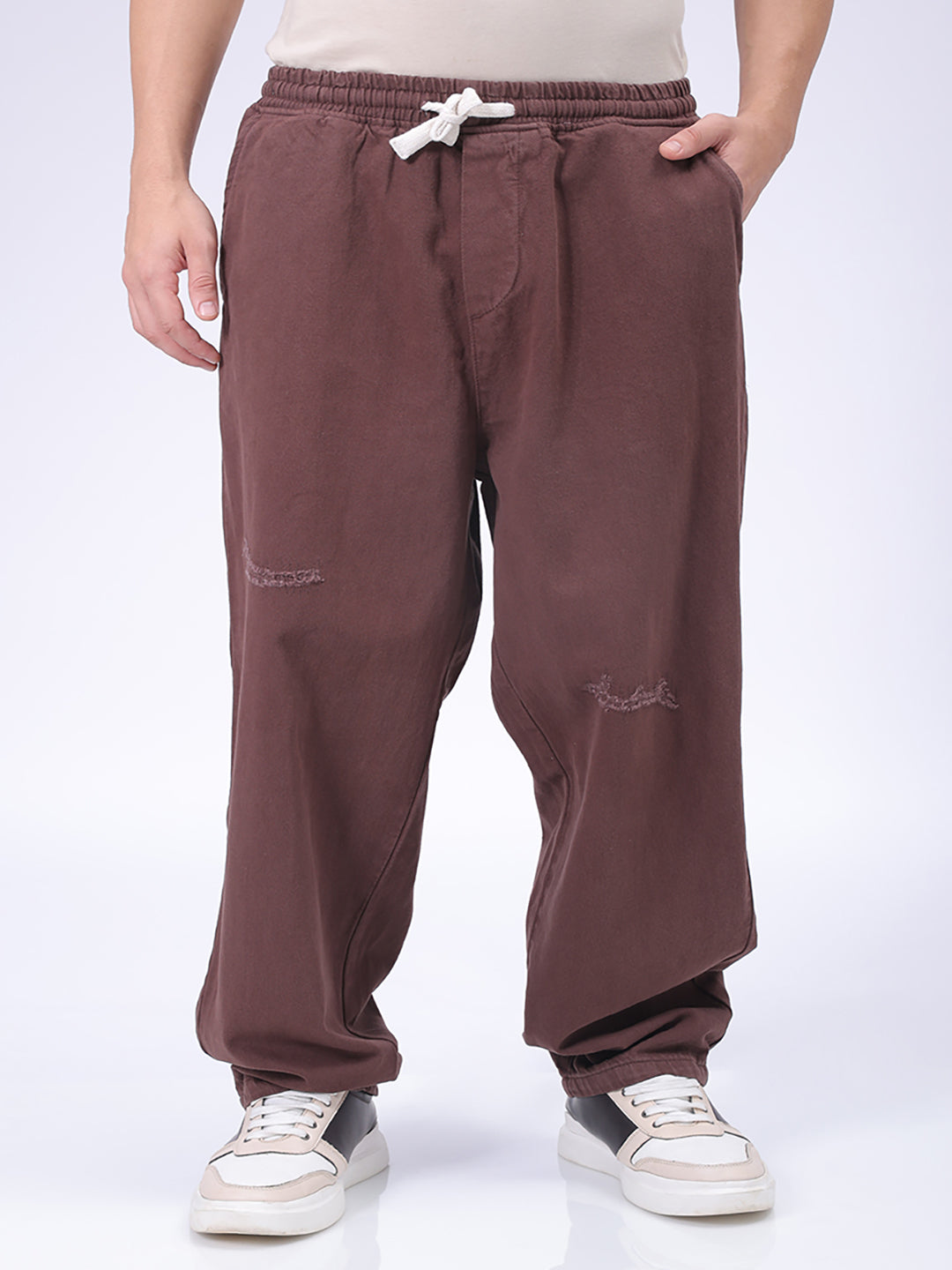 The Indian Garage Co Men's Brown Barrel Loose Fit Solid Denim Jogger