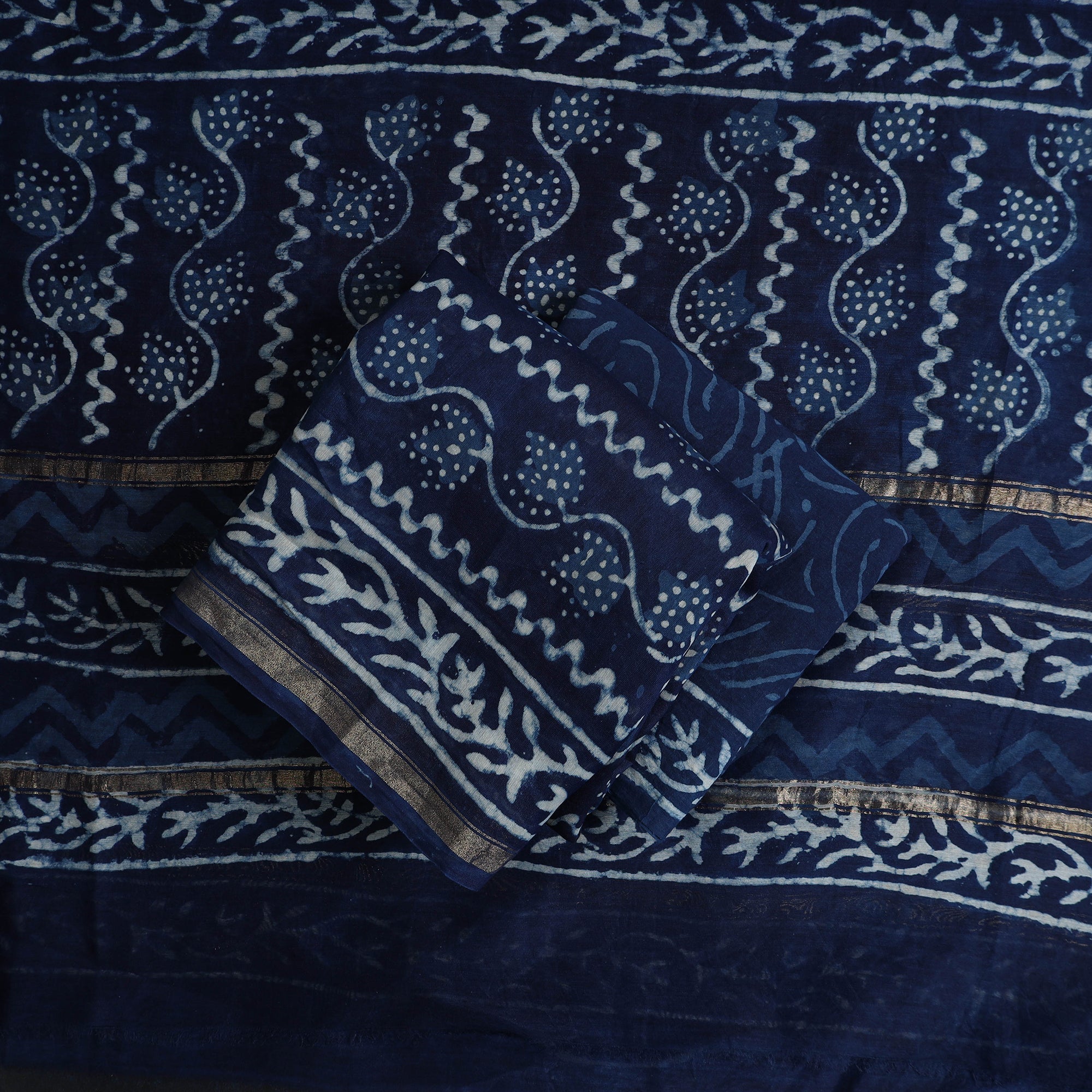 ARTISAN HAND BLOCK PRINTS Blue - 3pc Chanderi Silk Indigo Bagru Print Dress Material 07 - view 2
