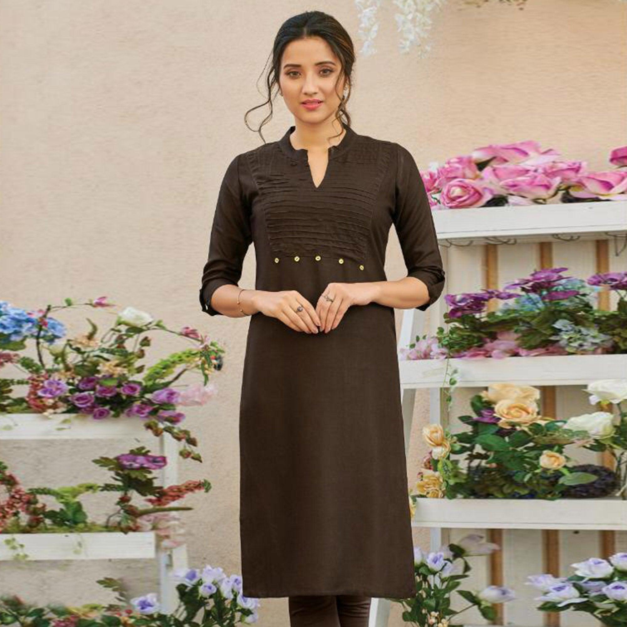 Peachmode Seller Exclusive Coffee Brown Colored Casual Wear Solid Pure Rayon Kurti