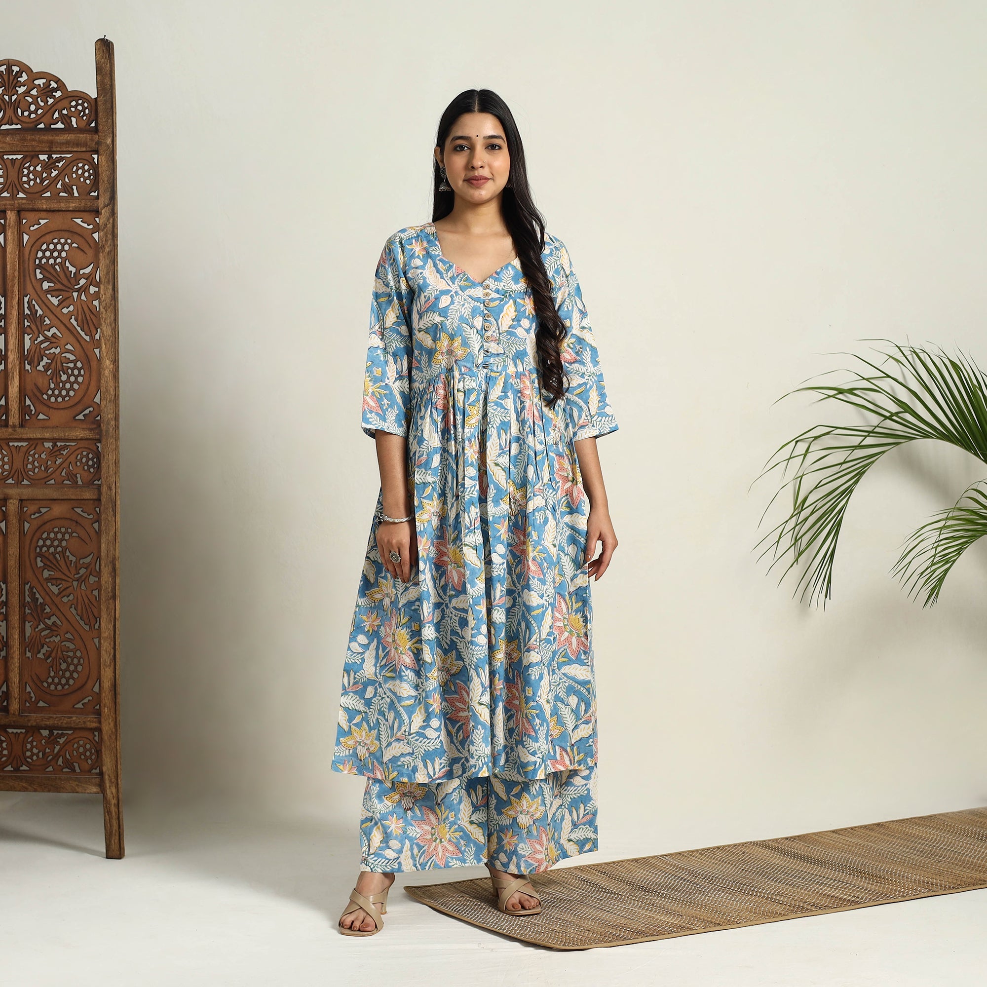 ITOKRI CASUALS Blue - Block Print Cotton Flared Sanganeri Kurta Set 11