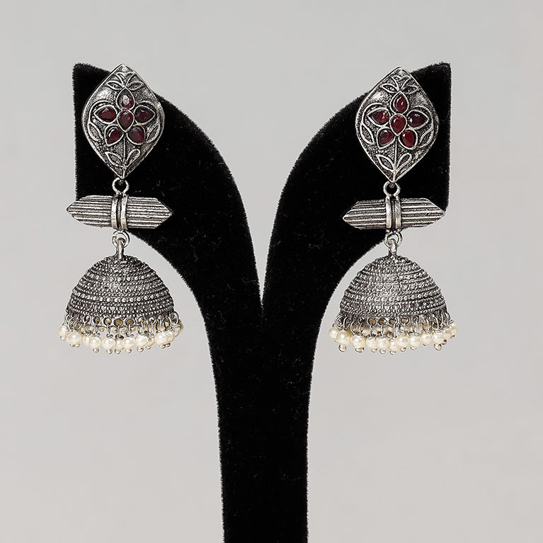 WHITE RIVER STORIES Antique Silver Finish Oxidised Brass Base Jhumki Earrings - view 2