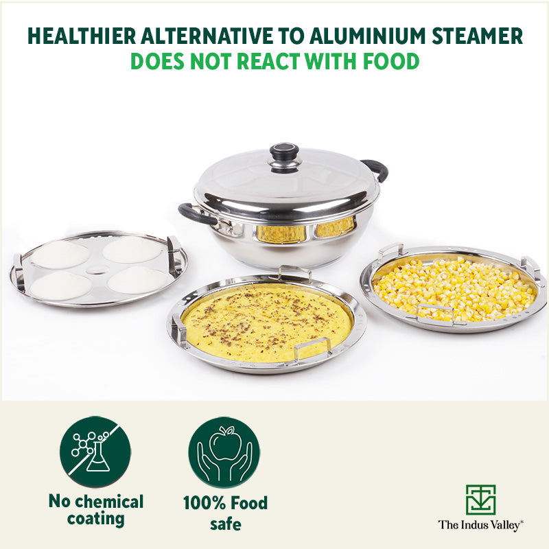 The Indus Valley Tri-Steel Premium Stainless Steel Idli/ Dhokla/ Momo Maker/ Multi Pot/ Veg Steaming Set, Tri-ply Induction Bottom, 5 Plates, 4 pit - view 5