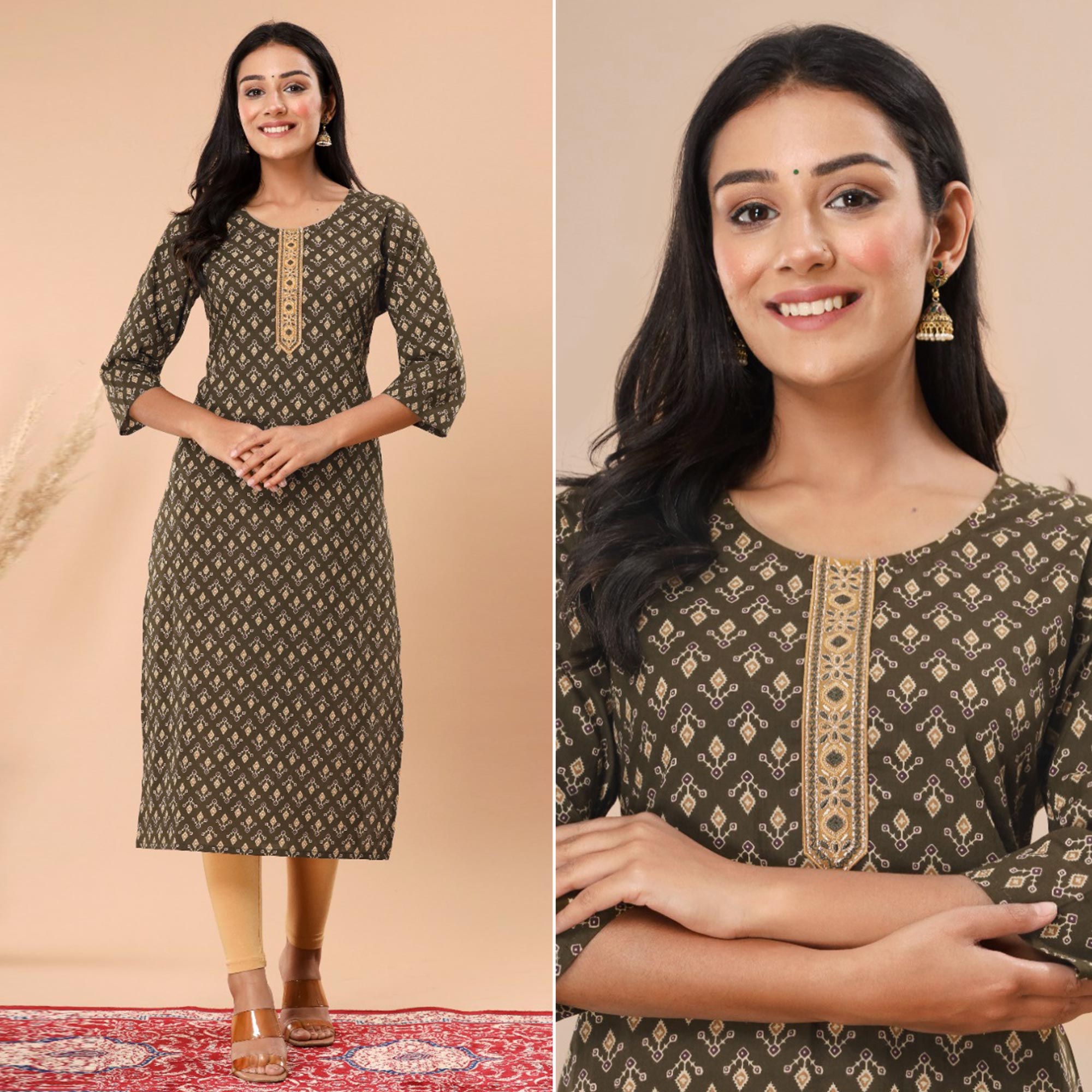 Peachmode Mehendi Green Floral Printed Pure Cotton Kurti