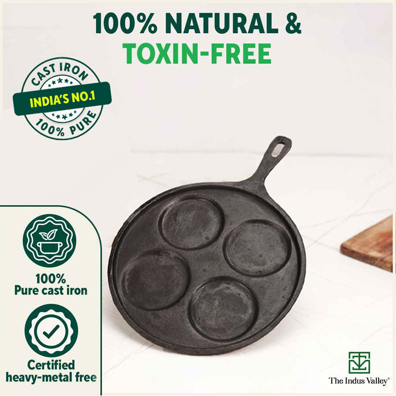 The Indus Valley CASTrong Cast Iron Uttapam/ Set Dosa Tawa, 4 Pit,Pre-seasoned, 100% Pure, Toxin-free, Induction, 27.5cm - view 5