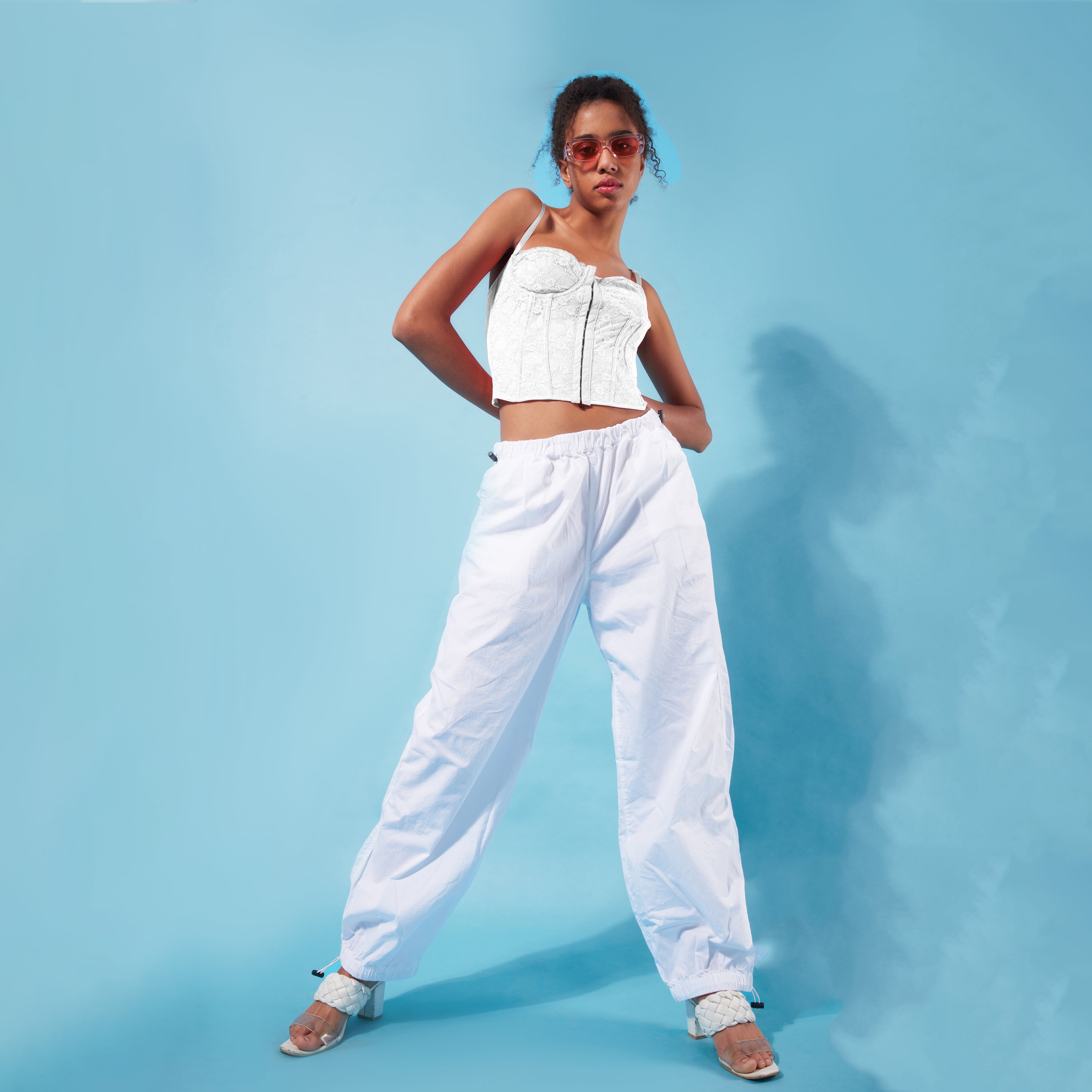 I Z F White Lace Corset Top & White Parachute Pants