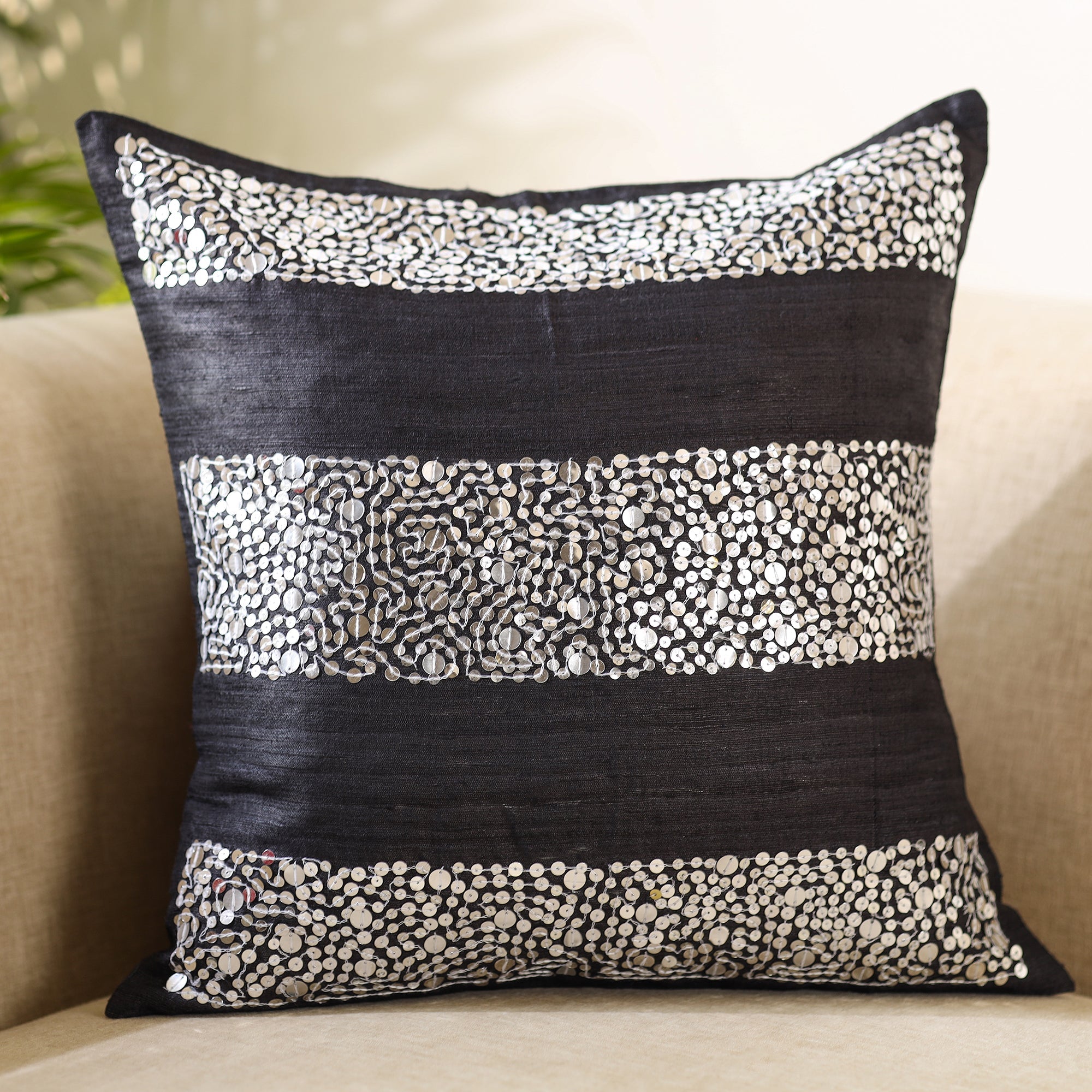 CHHATTISGARH HASTSHILP VIKAS BOARD Black - Aari Embroidery Sequin Work Ghicha Silk Cushion Cover (16 x 16 in) - view 2