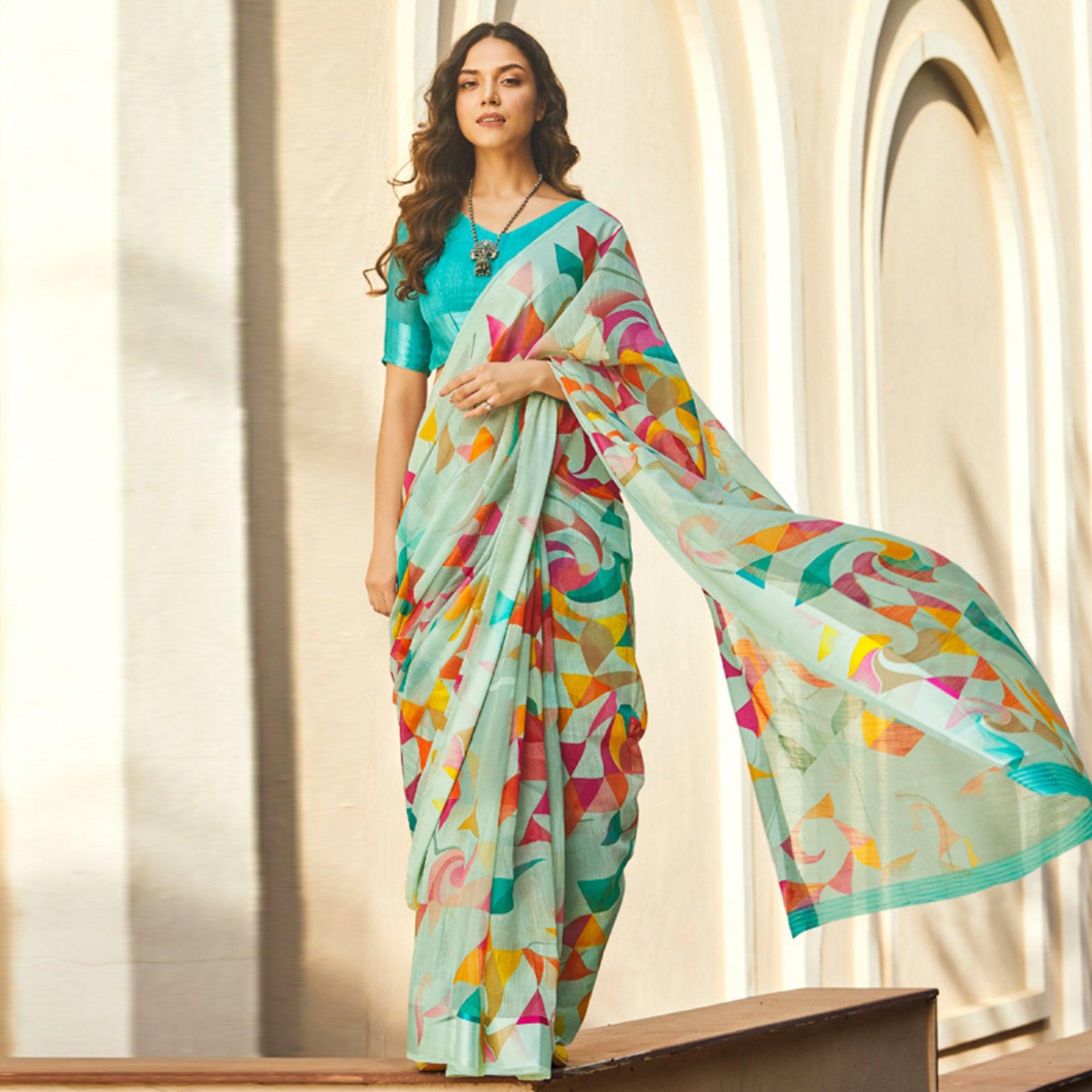 Peachmode Groovy Aqua Blue Colored Casual Wear Printed Linen - Cotton Saree