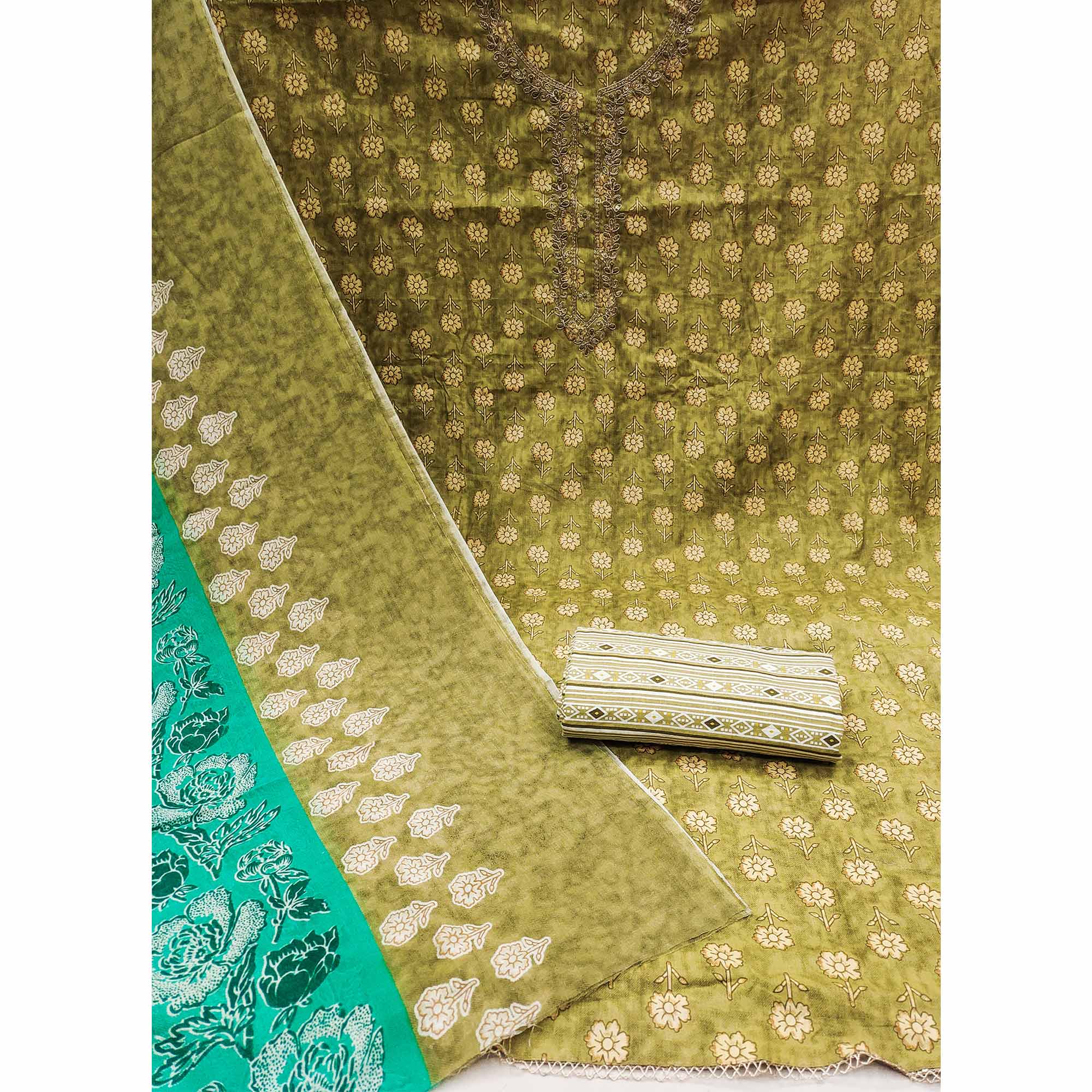 Peachmode Mehendi Green Floral Printed Pure Cotton Dress Material - view 3