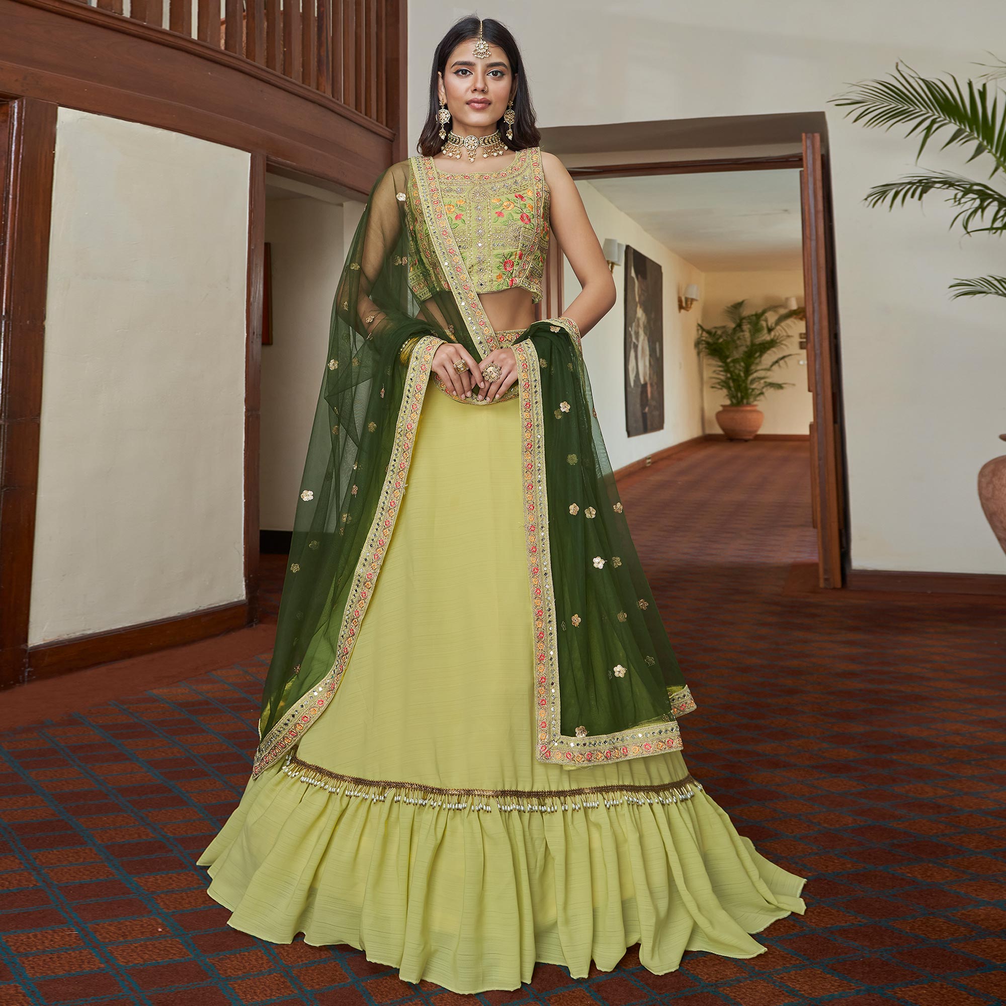 Peachmode Lemon Yellow Embroidered Art Silk Lehenga Choli