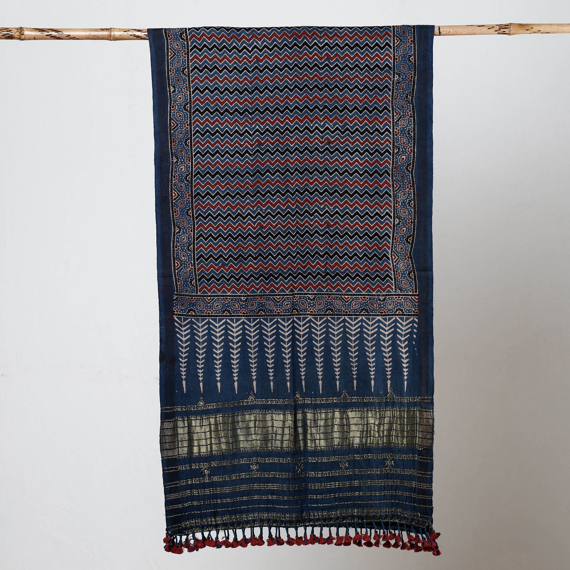KACHCHH JI CHHAAP Blue - Ajrakh Prints Kutch Bhujodi Kala Cotton Handwoven Zari Work Stole - view 3