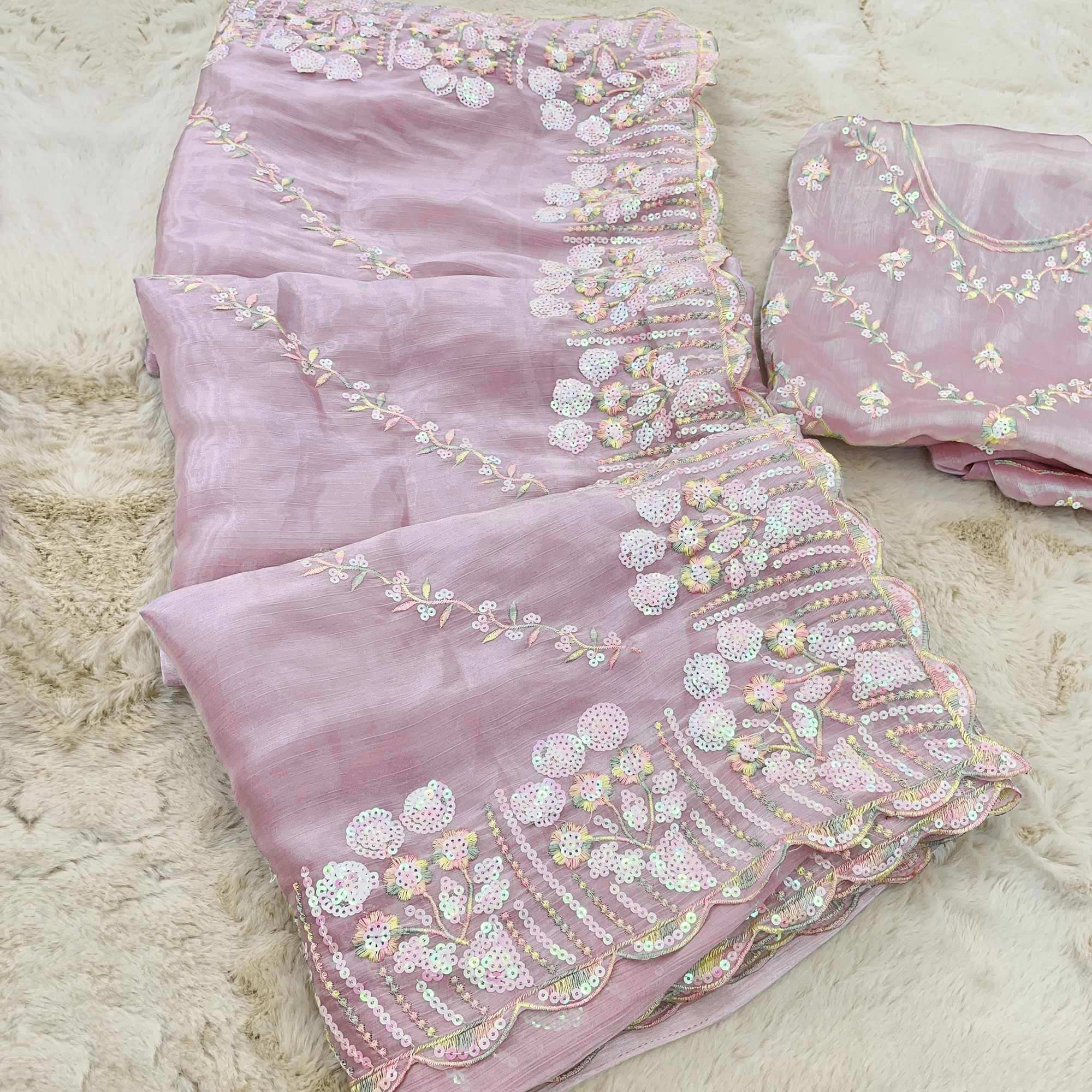 Peachmode Light Mauve Sequins Embroidered Chiffon Saree