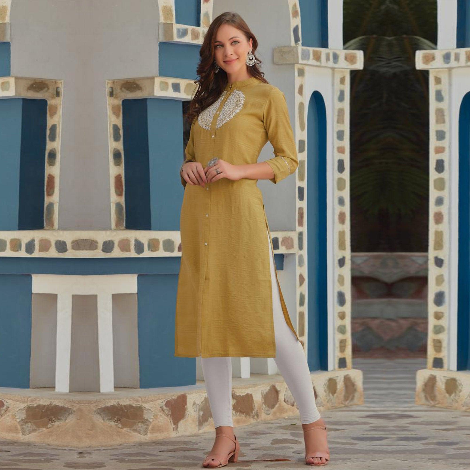 Peachmode Seller Mehendi Green Embroidered Cotton Blend Kurti - view 2