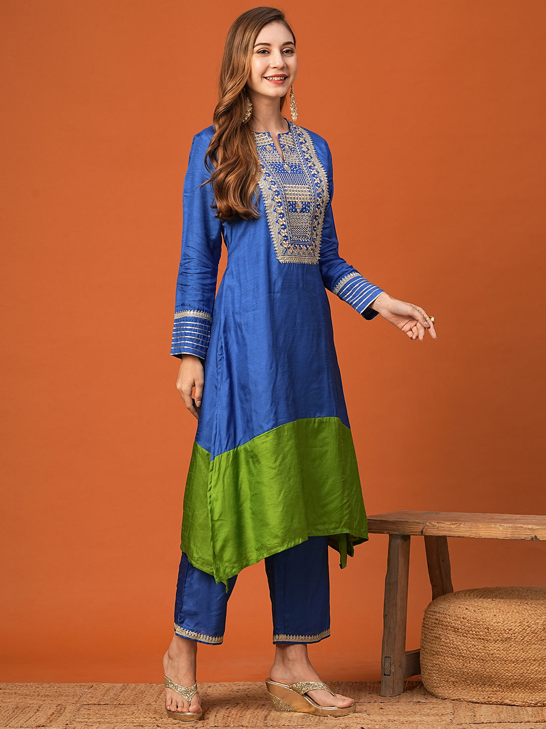 FASHOR Ethnic Zari Embroidered Colorblocked A-Line High-Low Kurta with Palazzo - Blue - view 5