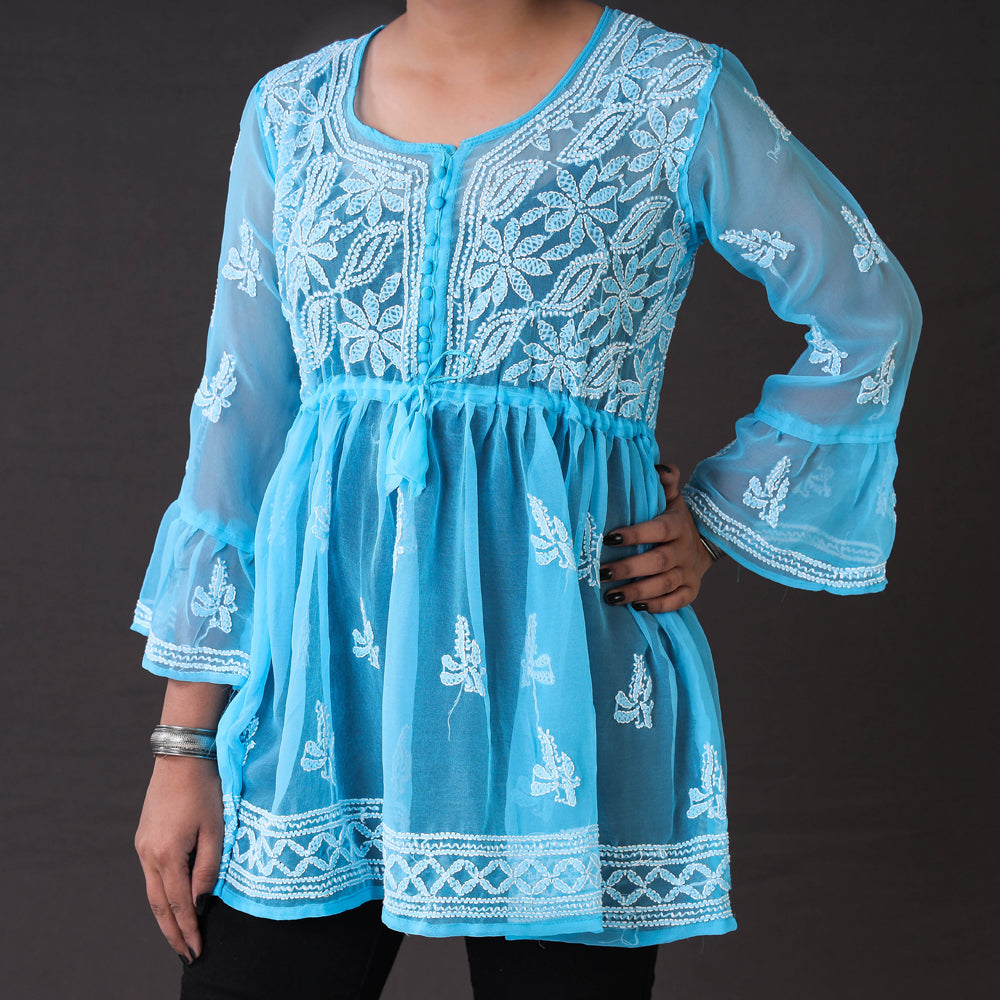 ITOKRI CRAFTS INITIATIVE Blue - Chikankari Hand Embroidered Georgette Short Flared Kurta / Top