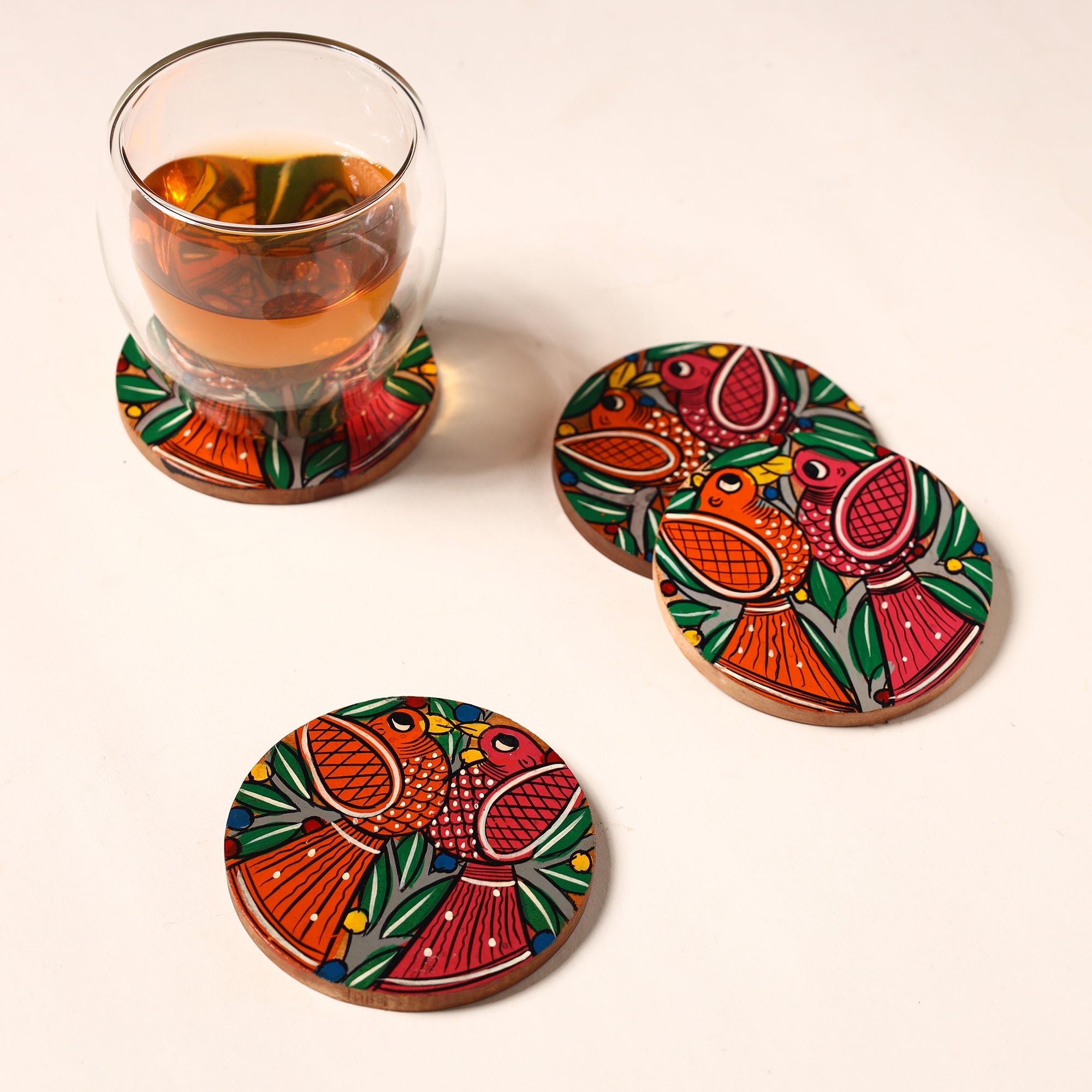 ITOKRI CRAFTS INITIATIVE Bengal Patua Handpainted Akashmoni Wooden Coasters (Set of 4) 21