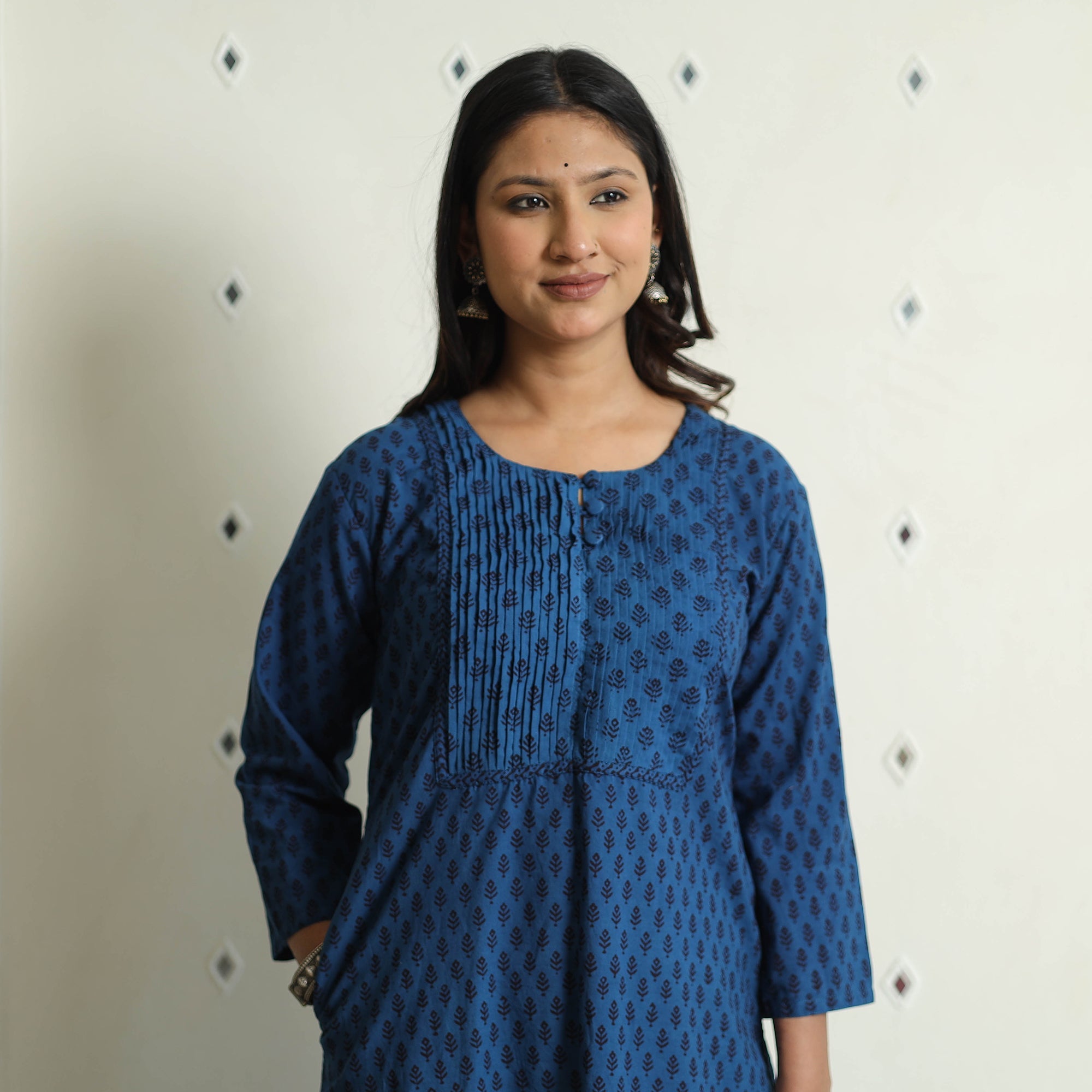 ITOKRI CASUALS Blue - Block Print Cotton Pintuck Straight Bagh Kurta