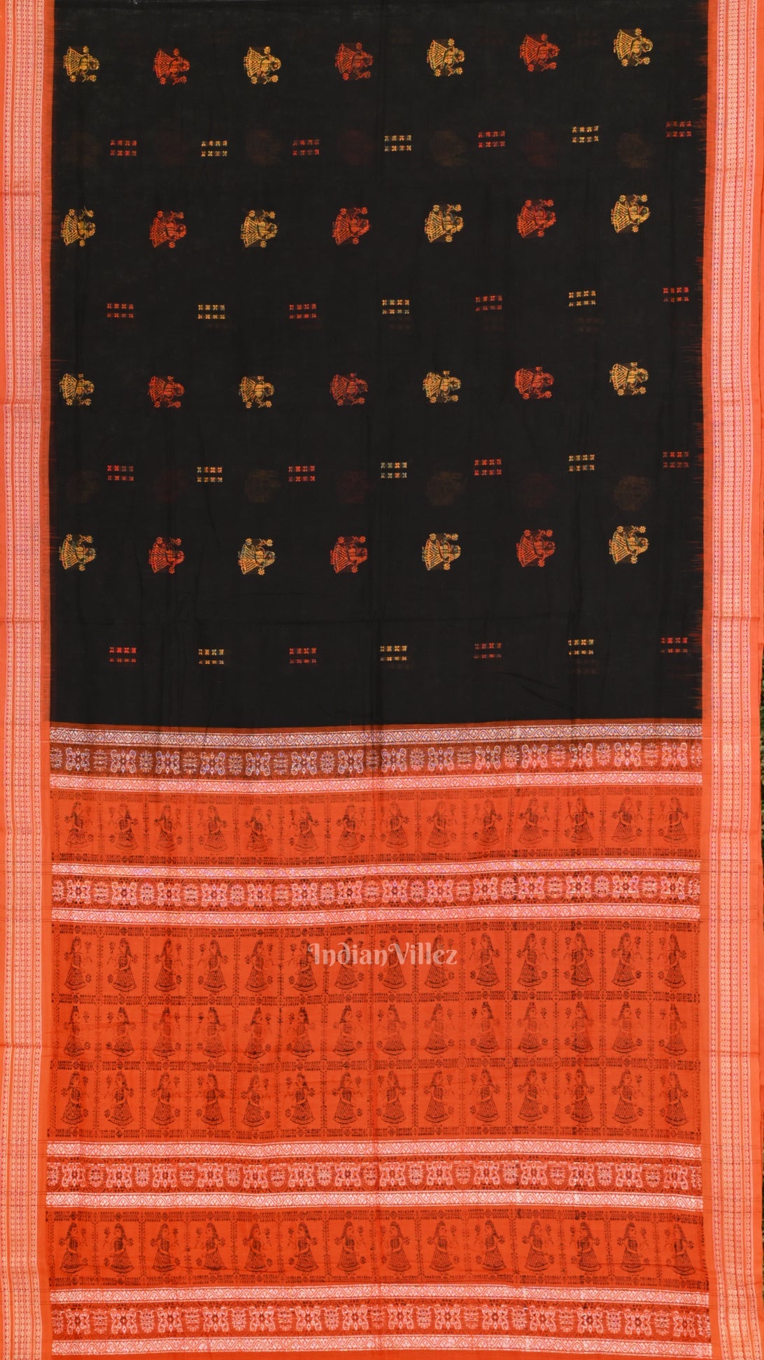 IndianVillèz Black Orange Odisha Handloom Doll Theme Bomkai Cotton Saree