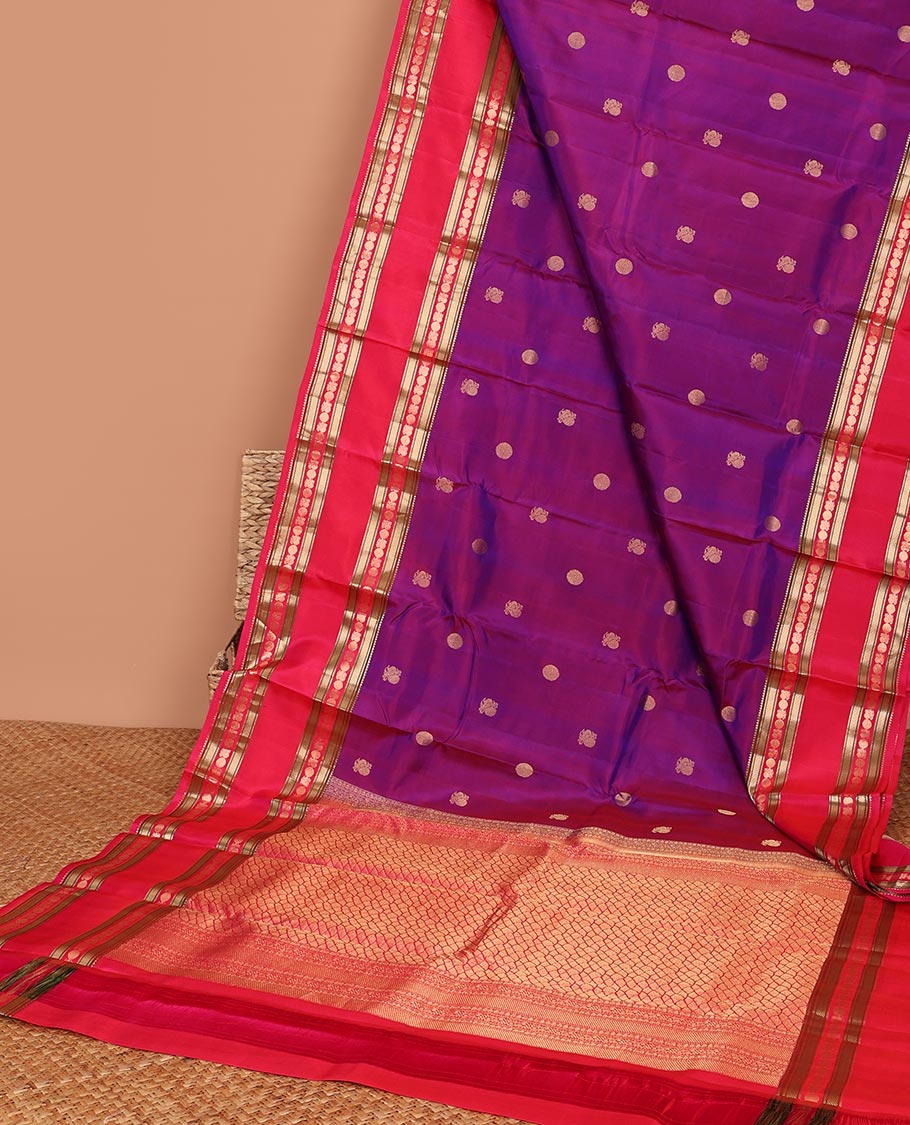 Pothys Purple zari buttas silk saree, contrast intricate pallu & rettai pettu border of rekku,Muthu,banaras & mayil poun - view 2