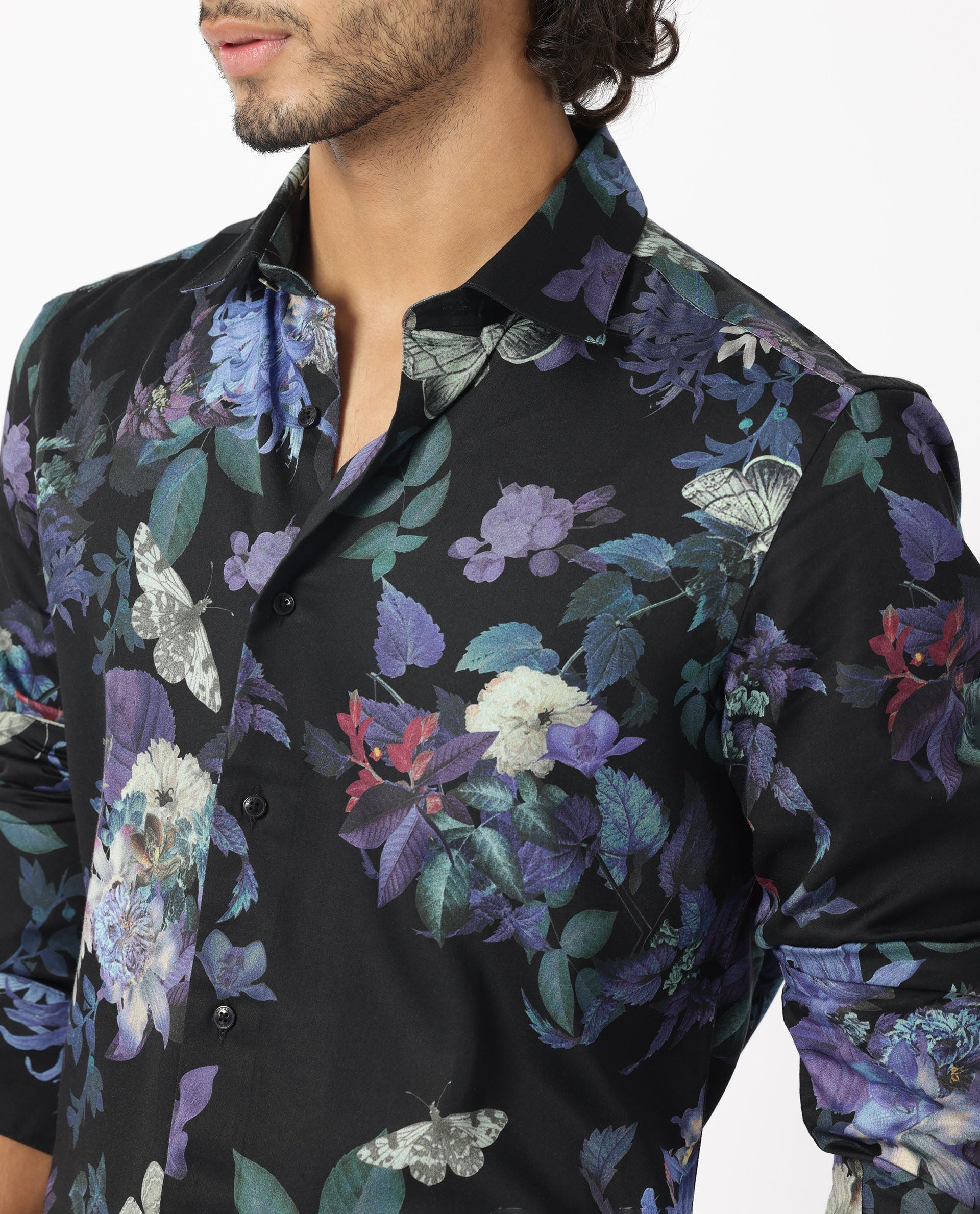 Rare Rabbit Men's Ease Black Cotton Modal Fabric Floral Print Full Sleeves Shirt - view 2