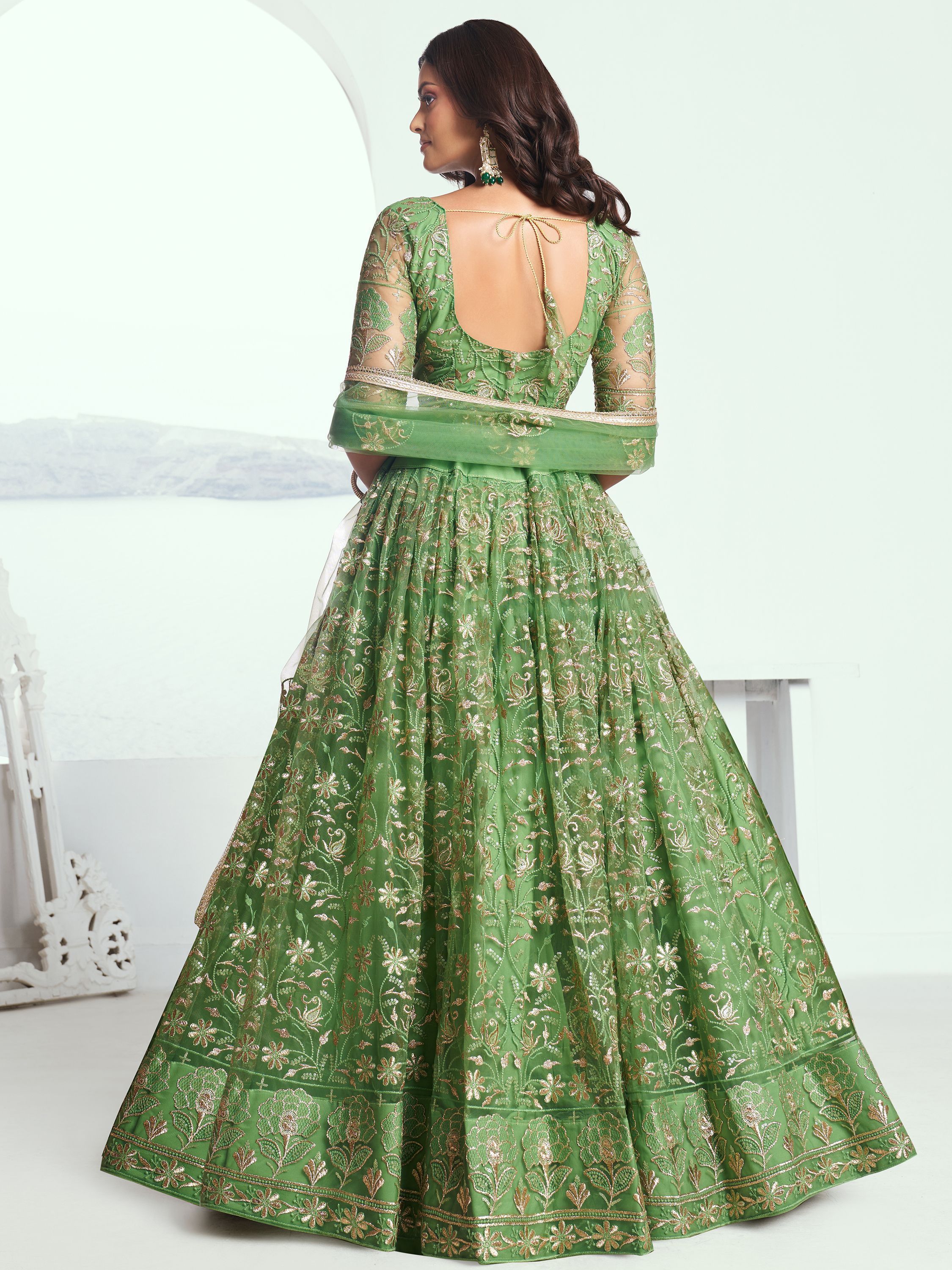 ClothsVilla Elegant Green Embroidered Net Mehendi Lehenga Choli - view 4