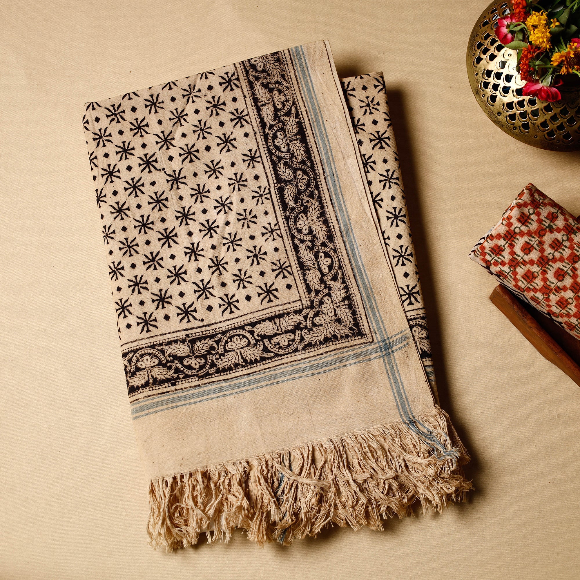 PITCHUKA SRINIVAS KALAMKARI PEDANA Beige - Pedana Kalamkari Block Printed Handloom Cotton Towel