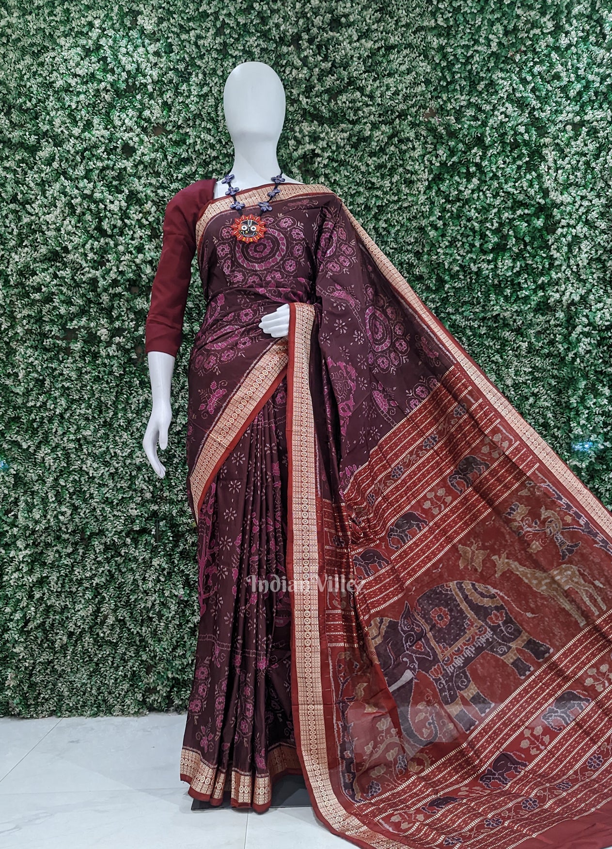 IndianVillèz Coffee Tree Motif Odisha Ikat Sambalpuri Silk Saree