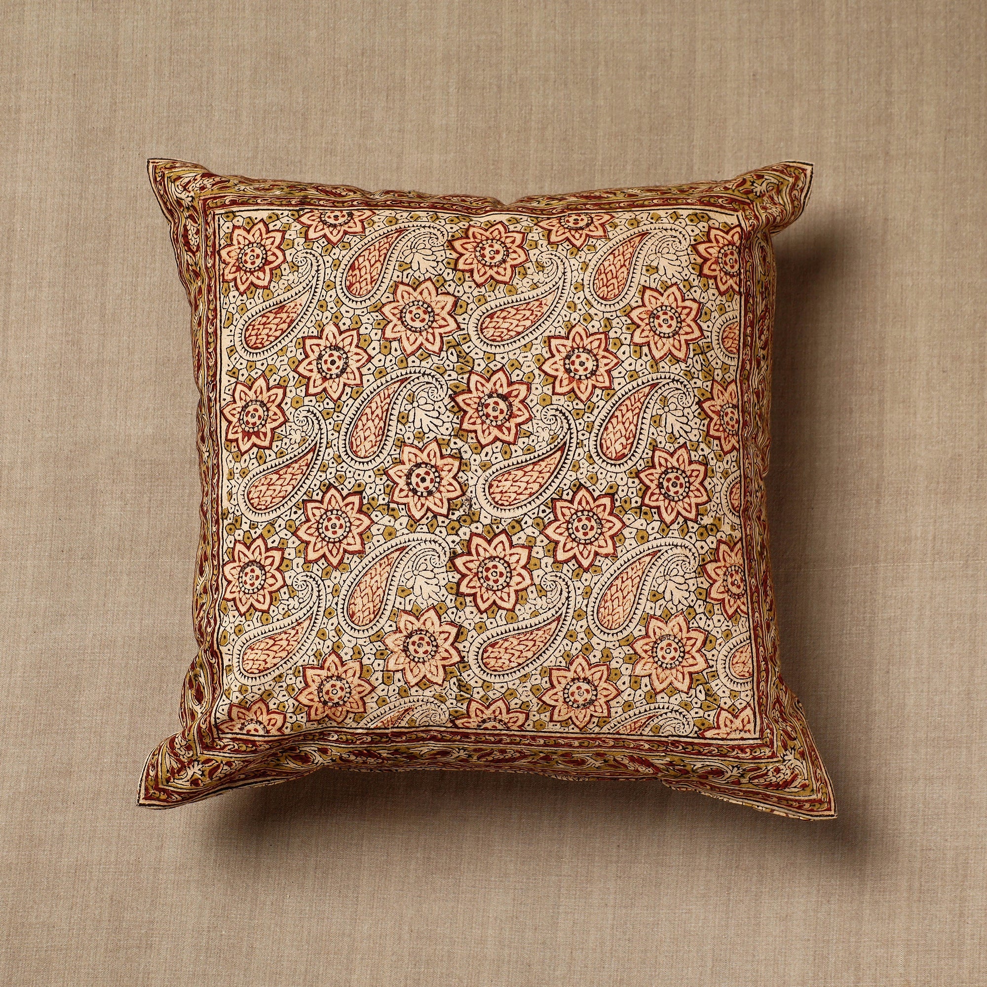 PITCHUKA SRINIVAS KALAMKARI PEDANA Beige - Original Pedana Block Print Cotton Kalamkari Cushion Cover