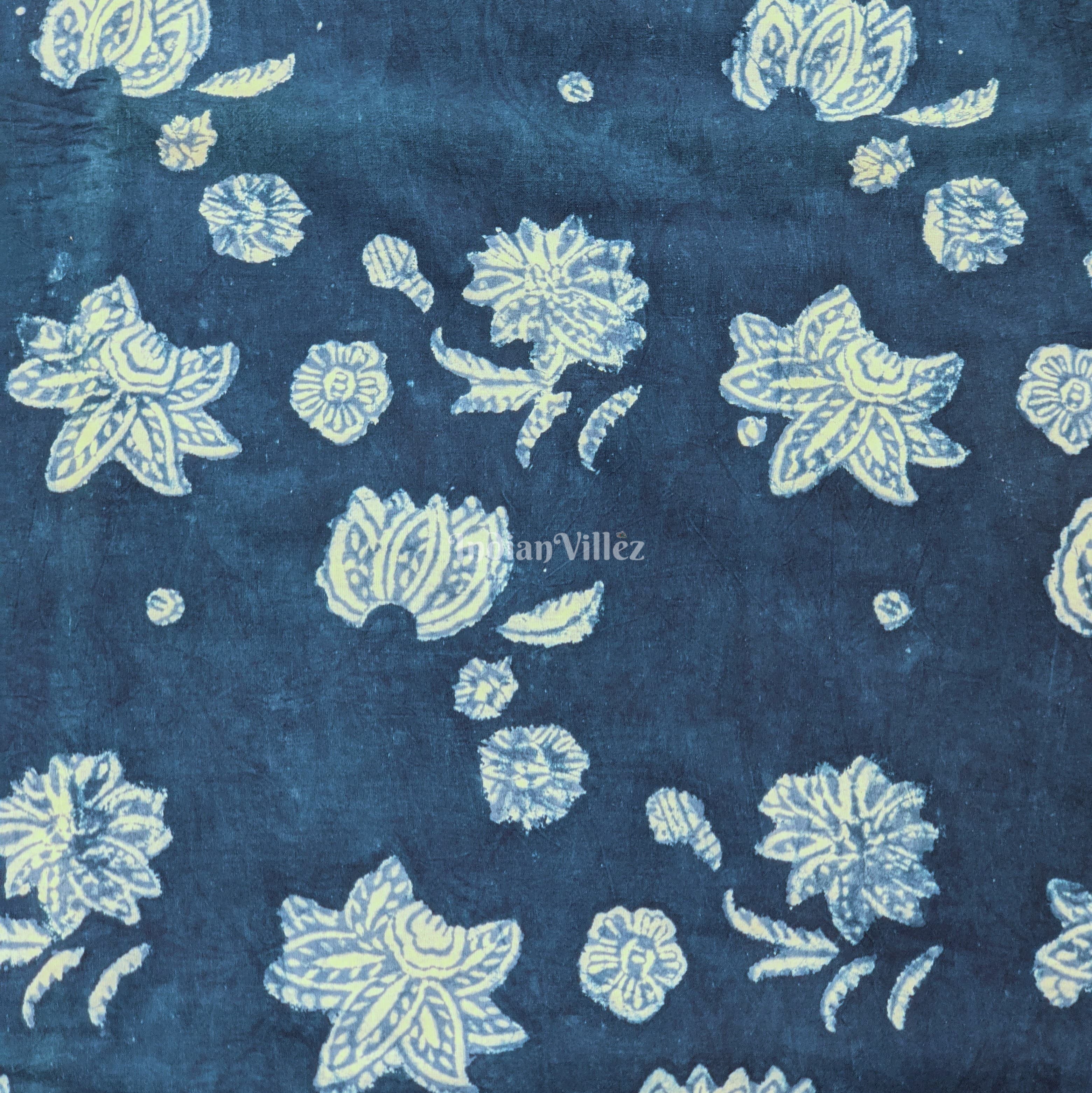 IndianVillèz Dark Blue Floral Hand Block Printed Cotton Fabric - view 2