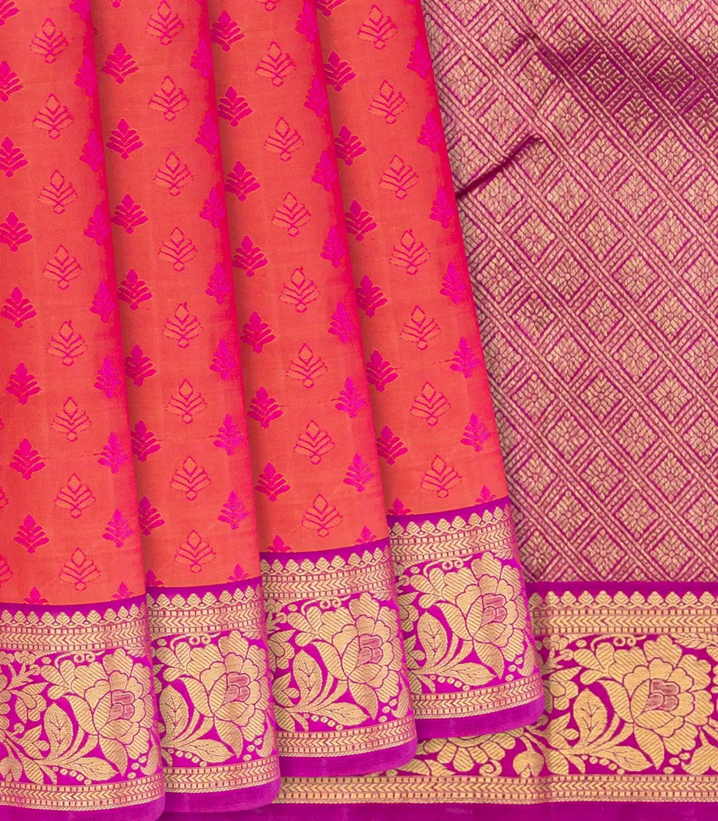 RmKV Orange Handloom Kanchipuram Silk Saree With Floral Motifs-Rust
