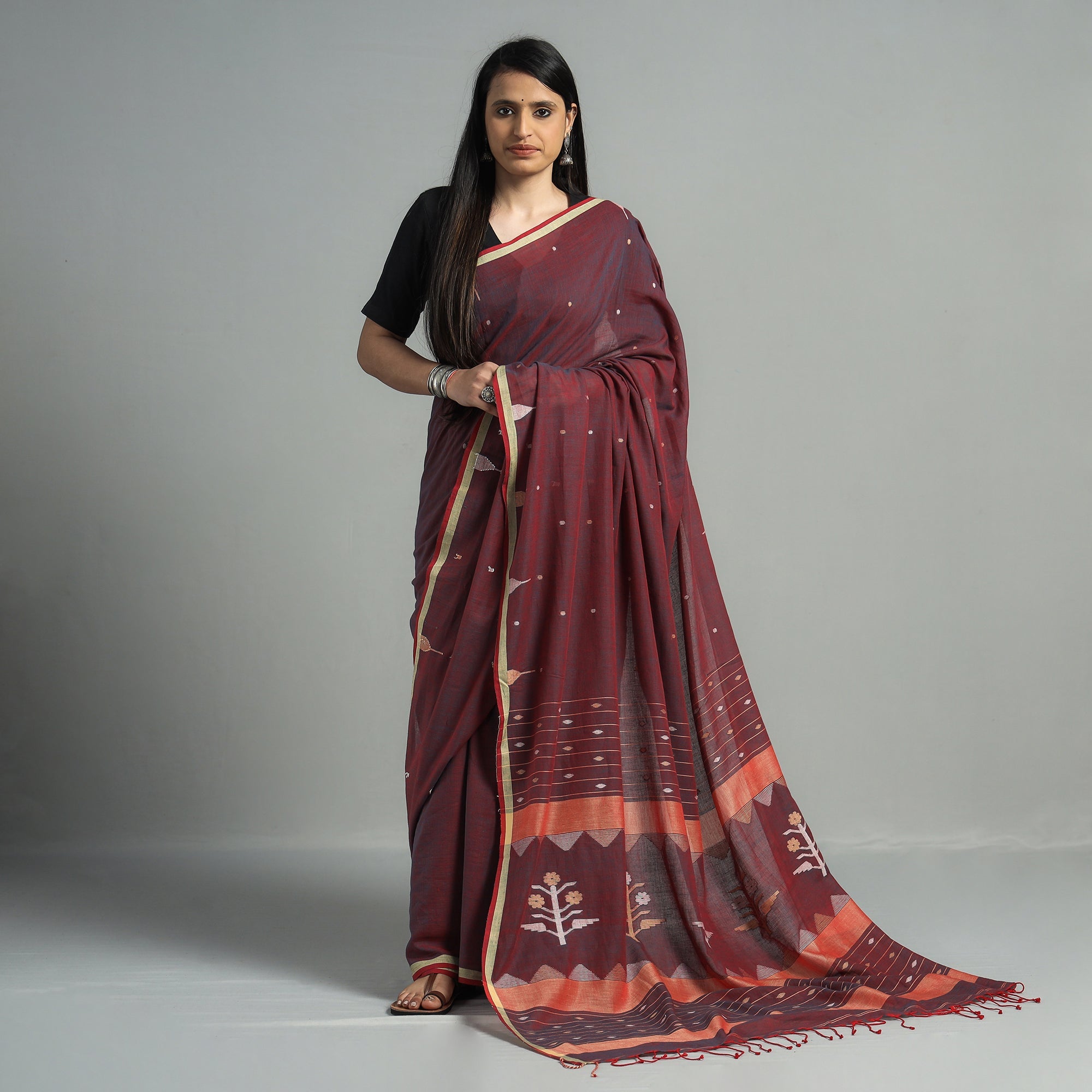 SASHA Brown - Handloom Cotton Phulia Jamdani Saree with Tassels