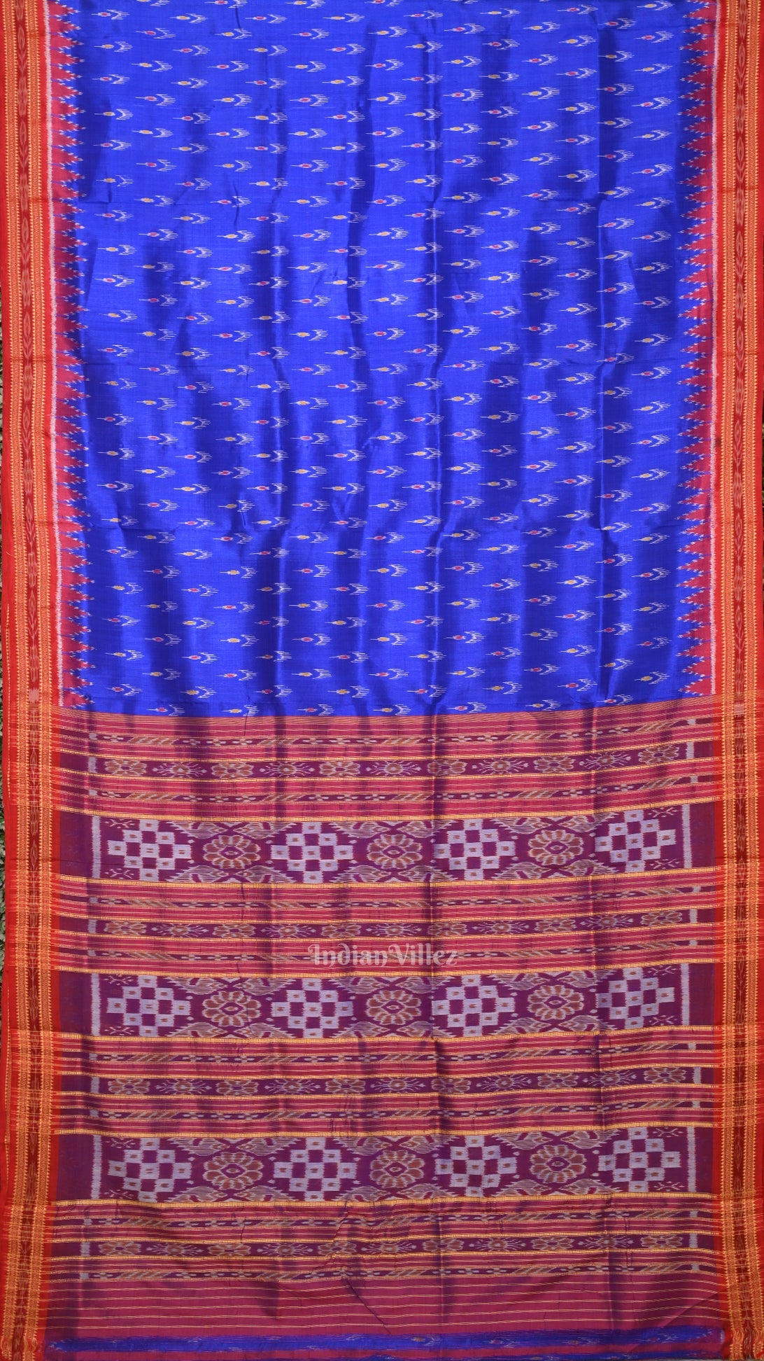 IndianVillèz Deep Blue Red Mayur Chandrika Odisha Ikat Khandua Silk Saree