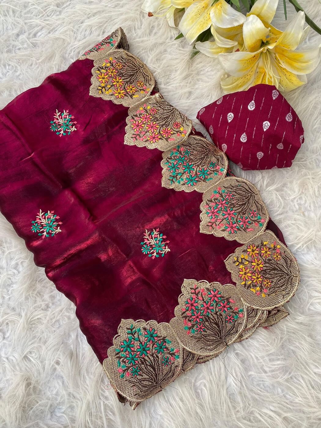 Tasrika Majesty Maroon Embroidery Work Fendy Silk Saree With Adorning Blouse Piece - view 2