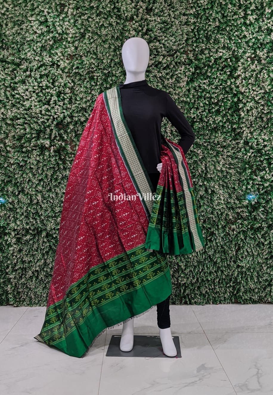 IndianVillèz Maroon Green Red Tribal Sambalpuri Silk Dupatta
