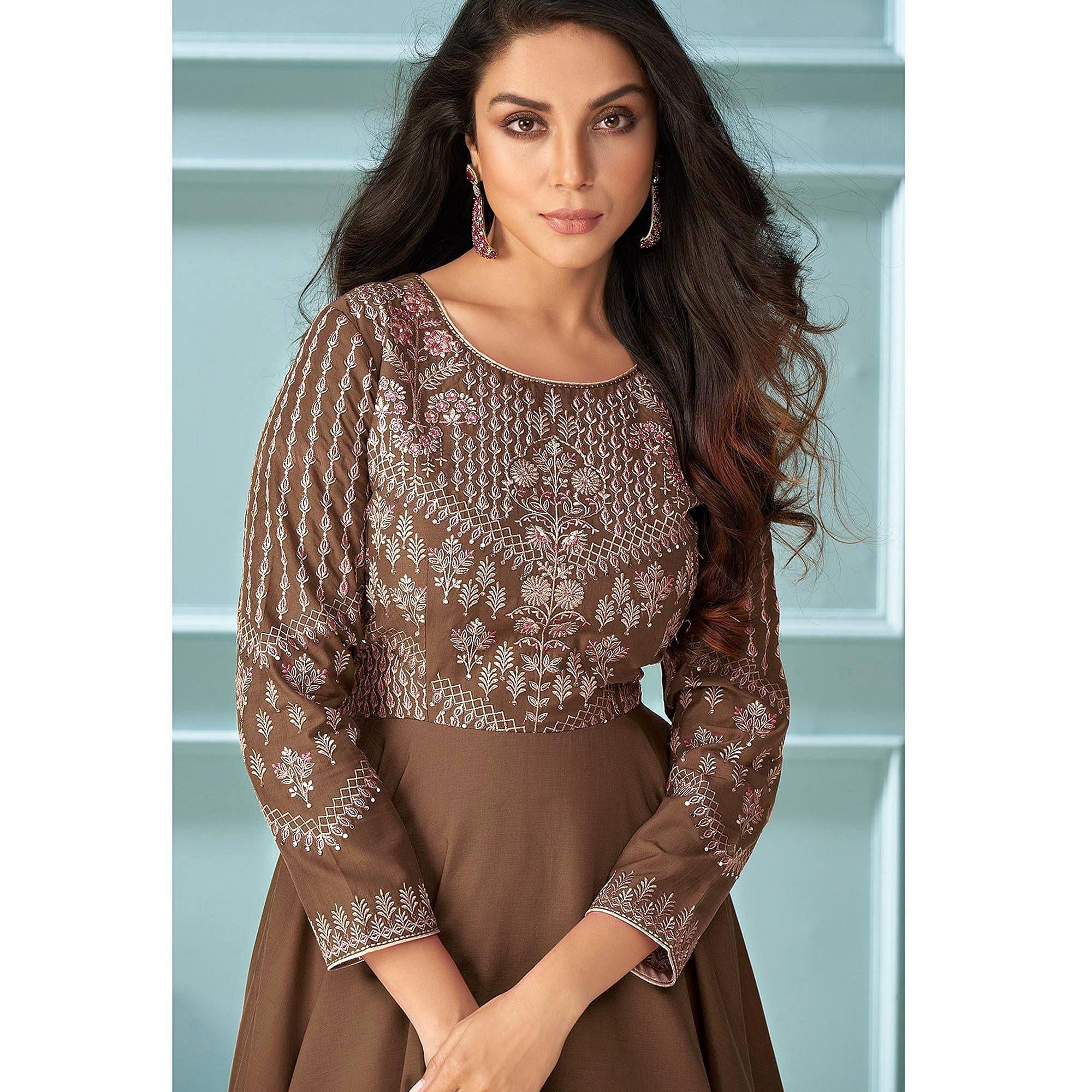 Peachmode Seller Brown Partywear Embroidered Muslin Silk Gown - view 4