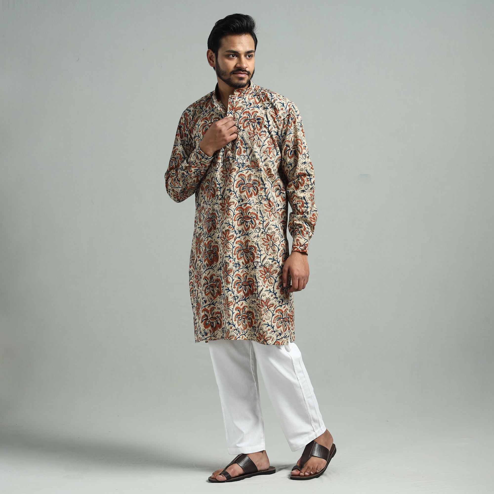 ITOKRI CASUALS Beige - Kalamkari Block Printed Cotton Men Long Kurta