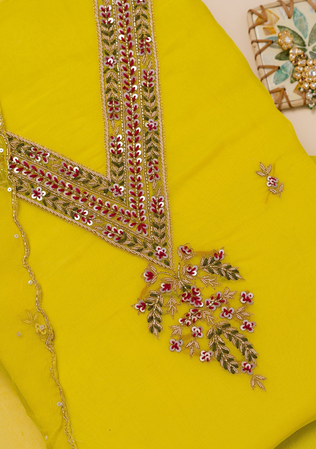 Koskii Yellow Threadwork Tissue Unstitched Salwar Suit - view 2
