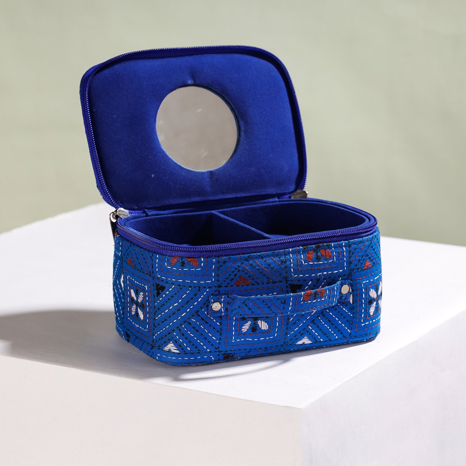 ASALKAAR Blue - Bengal Kantha Work Handcrafted Jewelry Box with Mirror - view 2