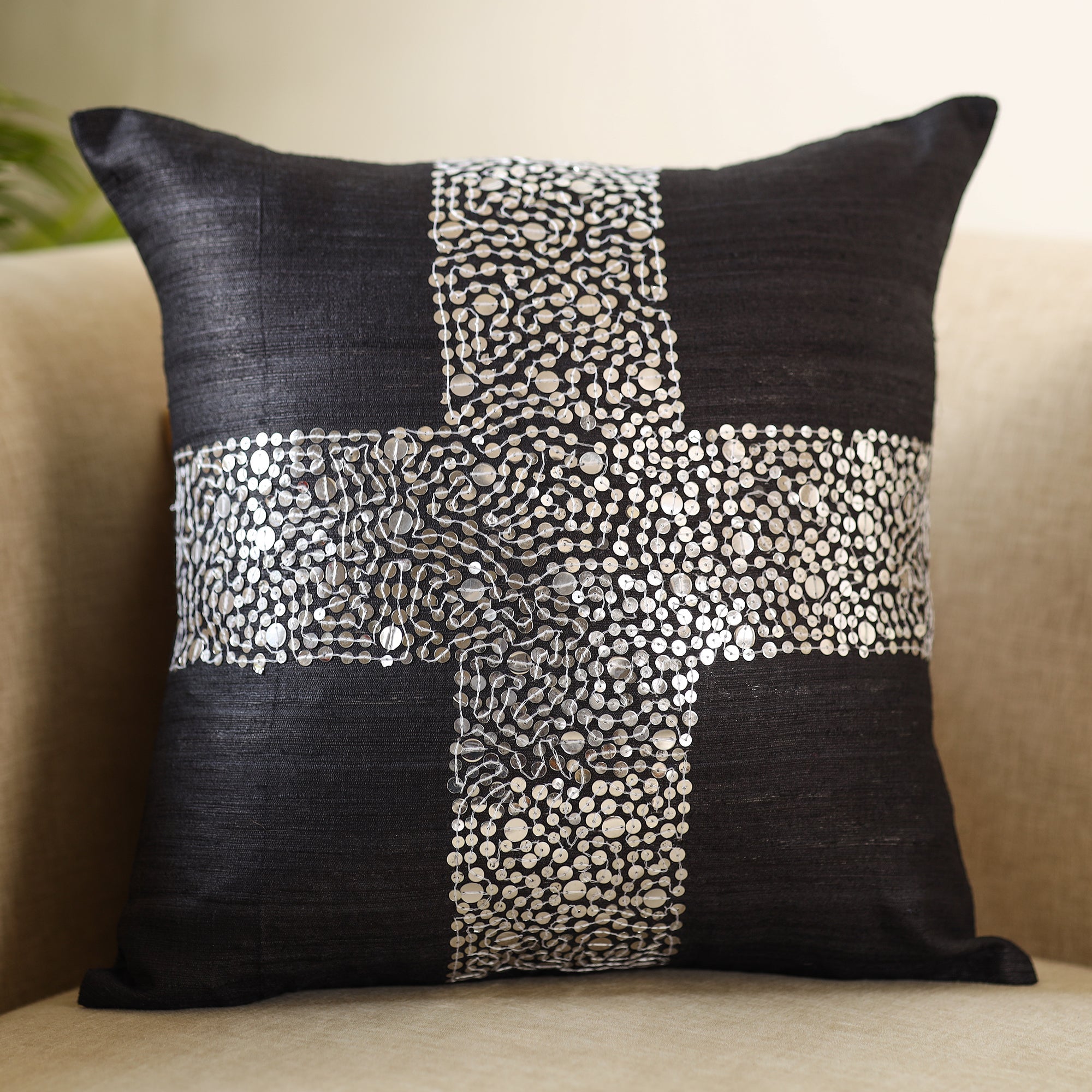 CHHATTISGARH HASTSHILP VIKAS BOARD Black - Aari Embroidery Sequin Work Ghicha Silk Cushion Cover (16 x 16 in) - view 2