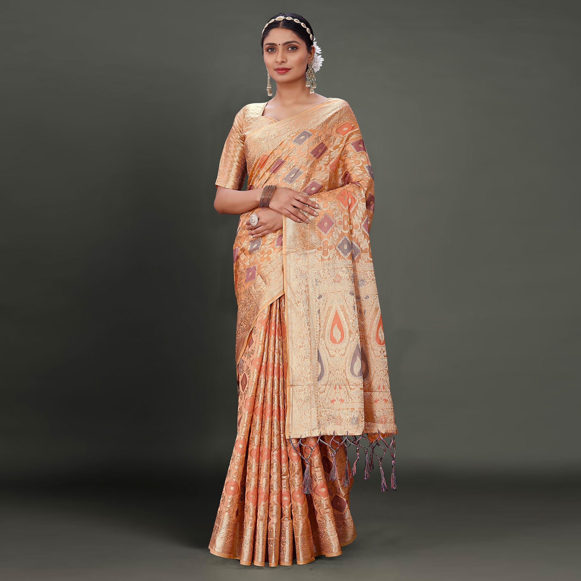 Peachmode Dark Peach Woven Organza Saree With Tassels - view 2