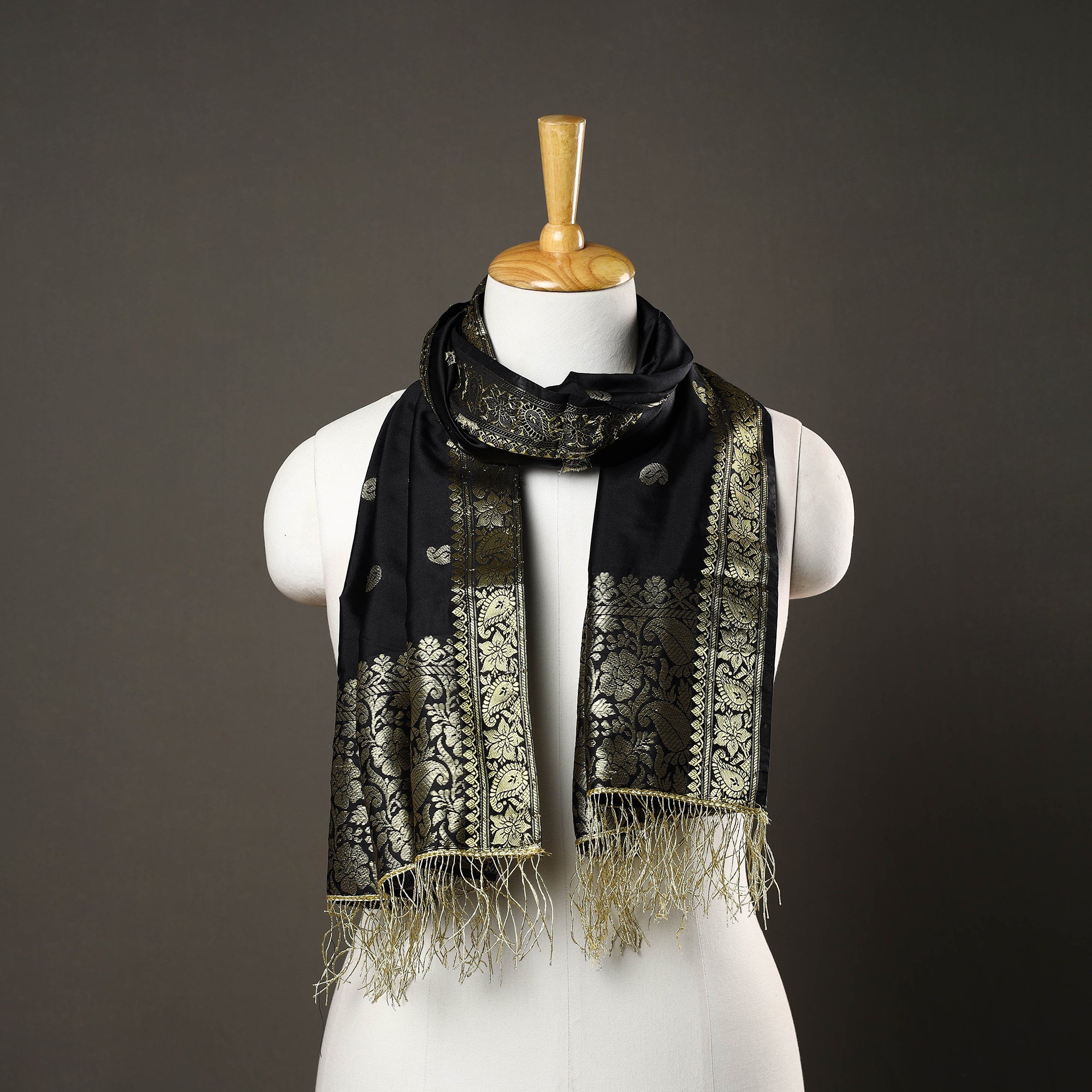 ITOKRI CRAFTS INITIATIVE Black - Brocade Handloom Silk Nakshi Buti Banarasi Stole 28