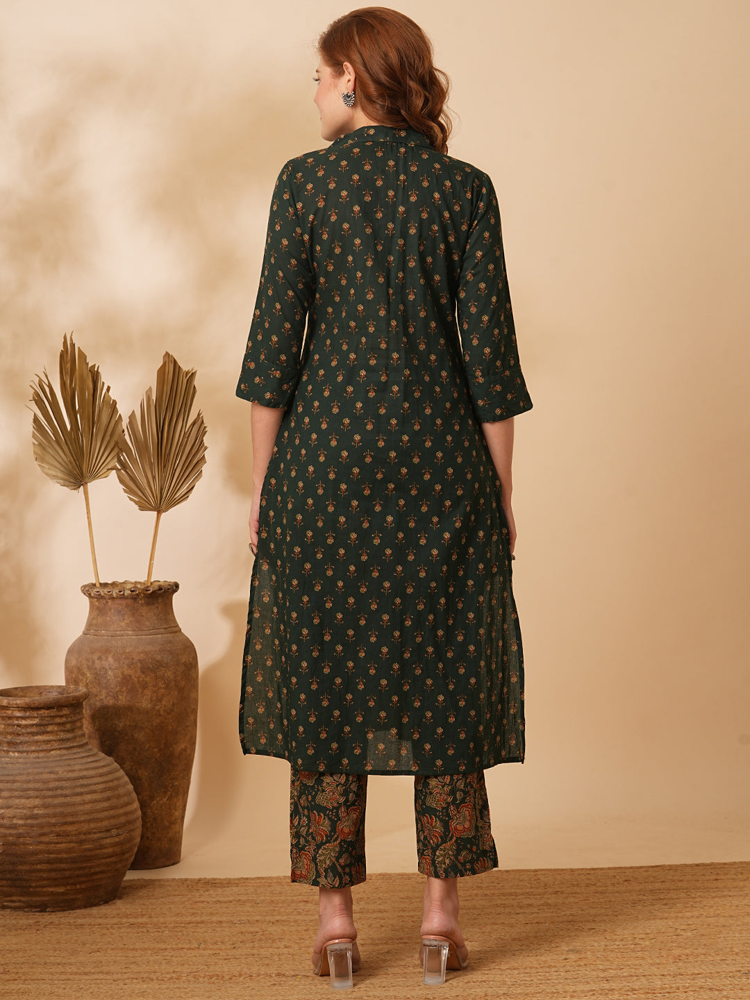 Fashor Floral Printed & Embroidered Straight Fit Kurta with Pant - Green - view 6