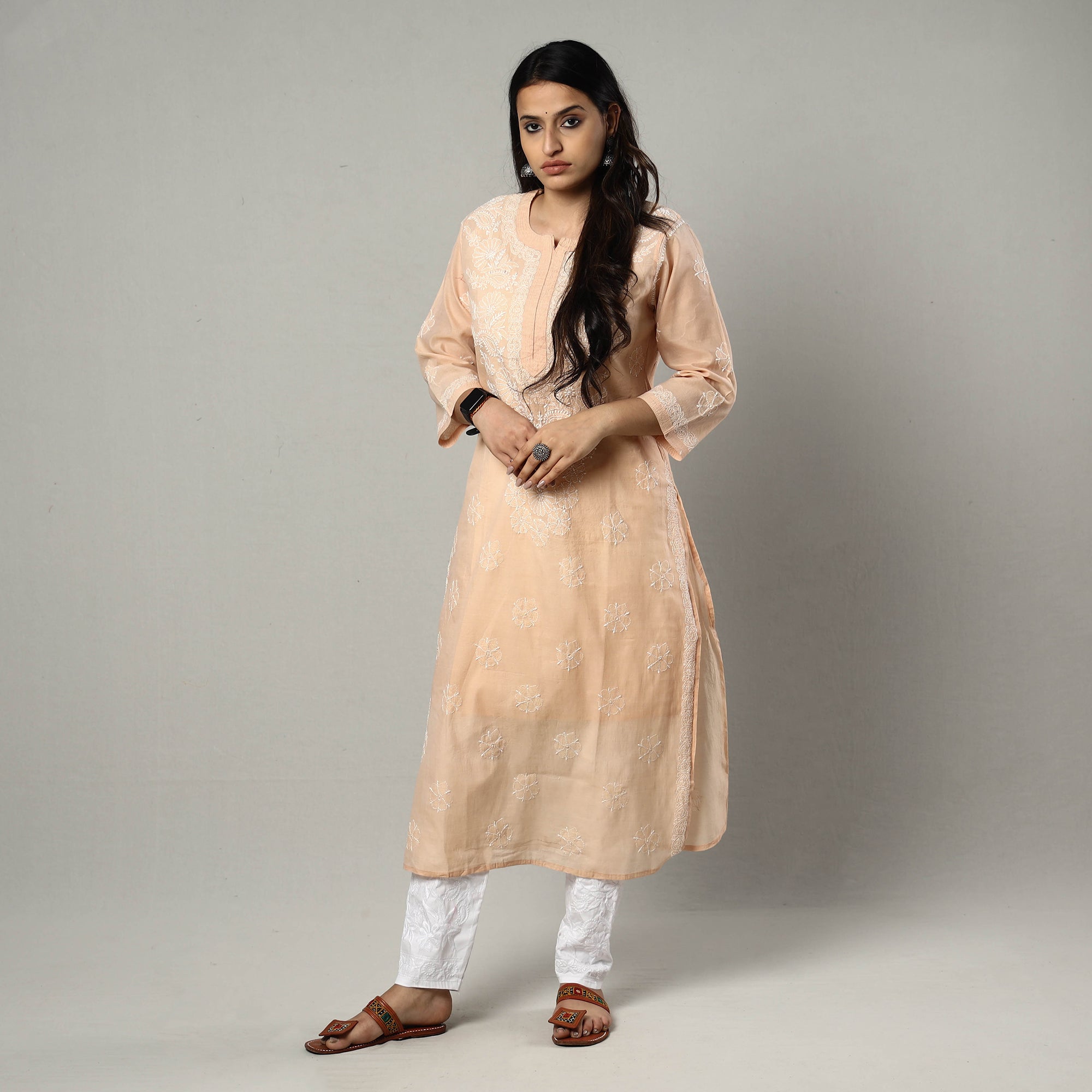 MEHARKI CHIKAN Beige Chikankari Hand Embroidered Silk Cotton Kurta with Inner & Pant Set