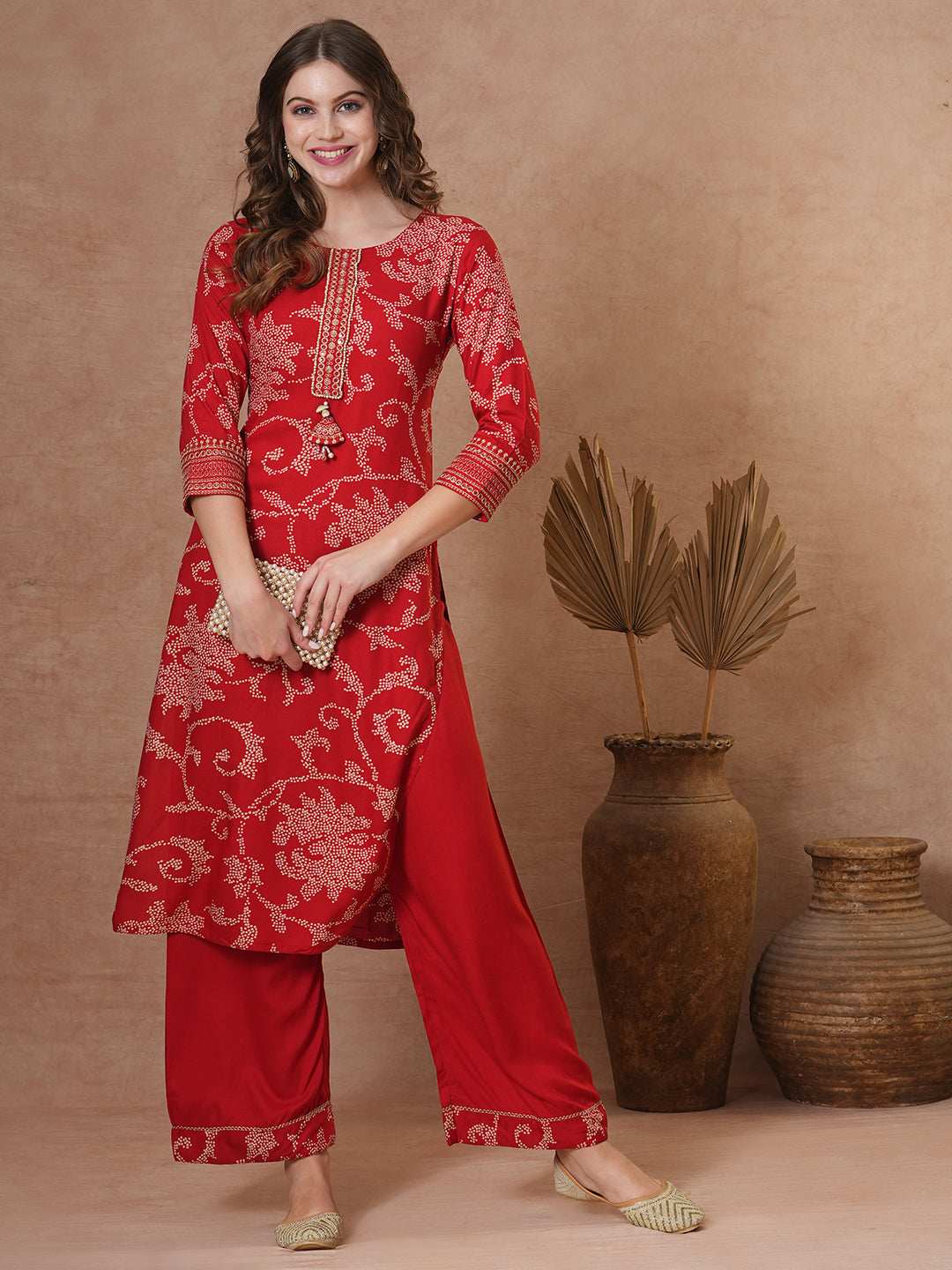FASHOR Ethnic Bandhani Printed Straight Fit Kurta with Palazzo - Red