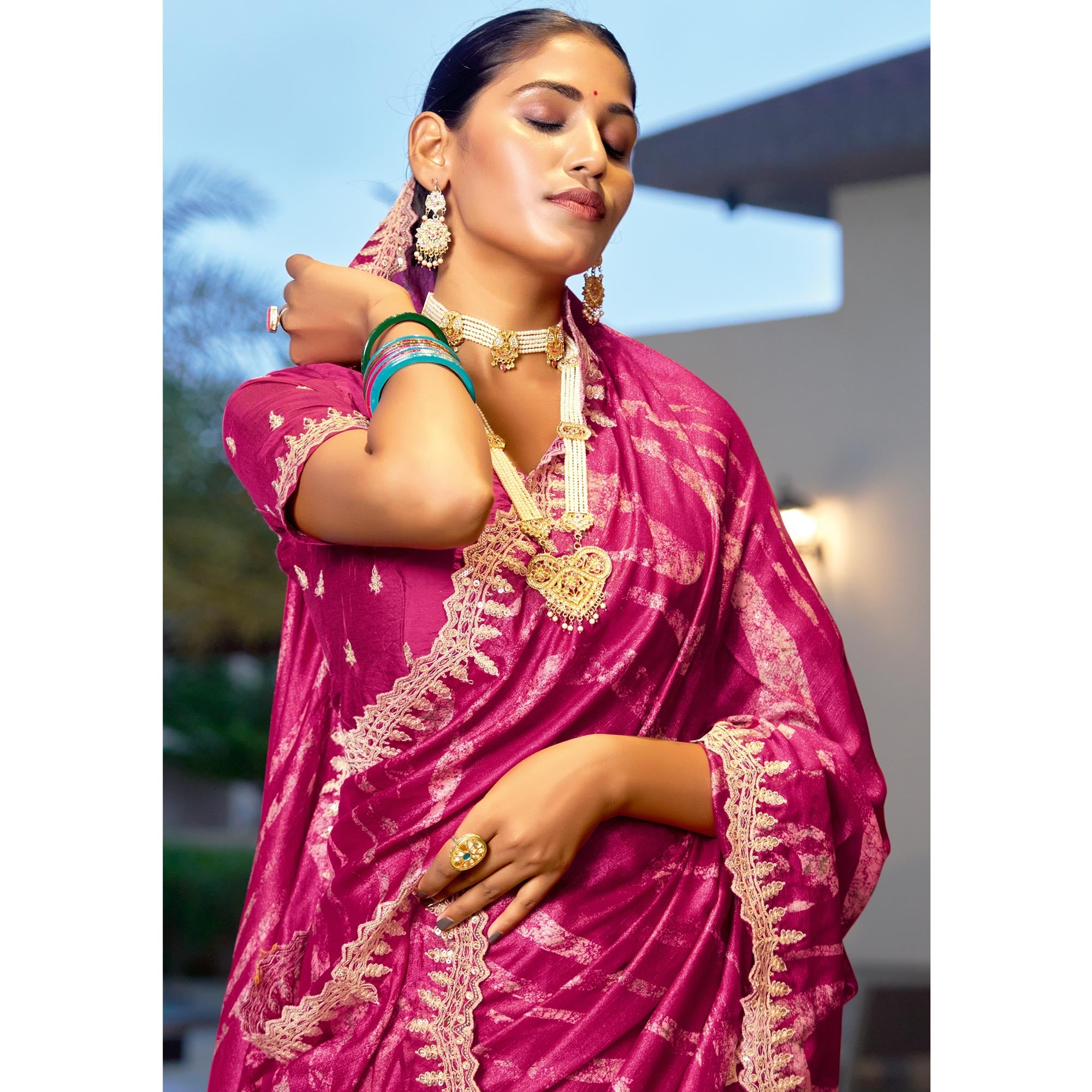 Peachmode Magenta Printed Chiffon Saree With Sequins Border - view 4