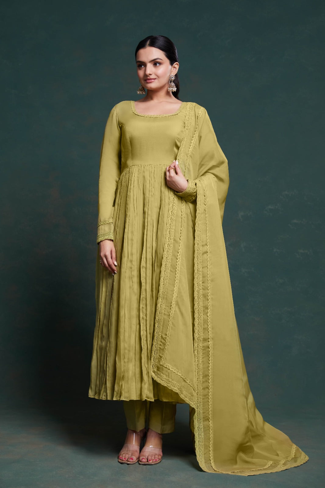 ClothsVilla Chic Olive Organza Dress with Elegant Prints – Ready to Wear!