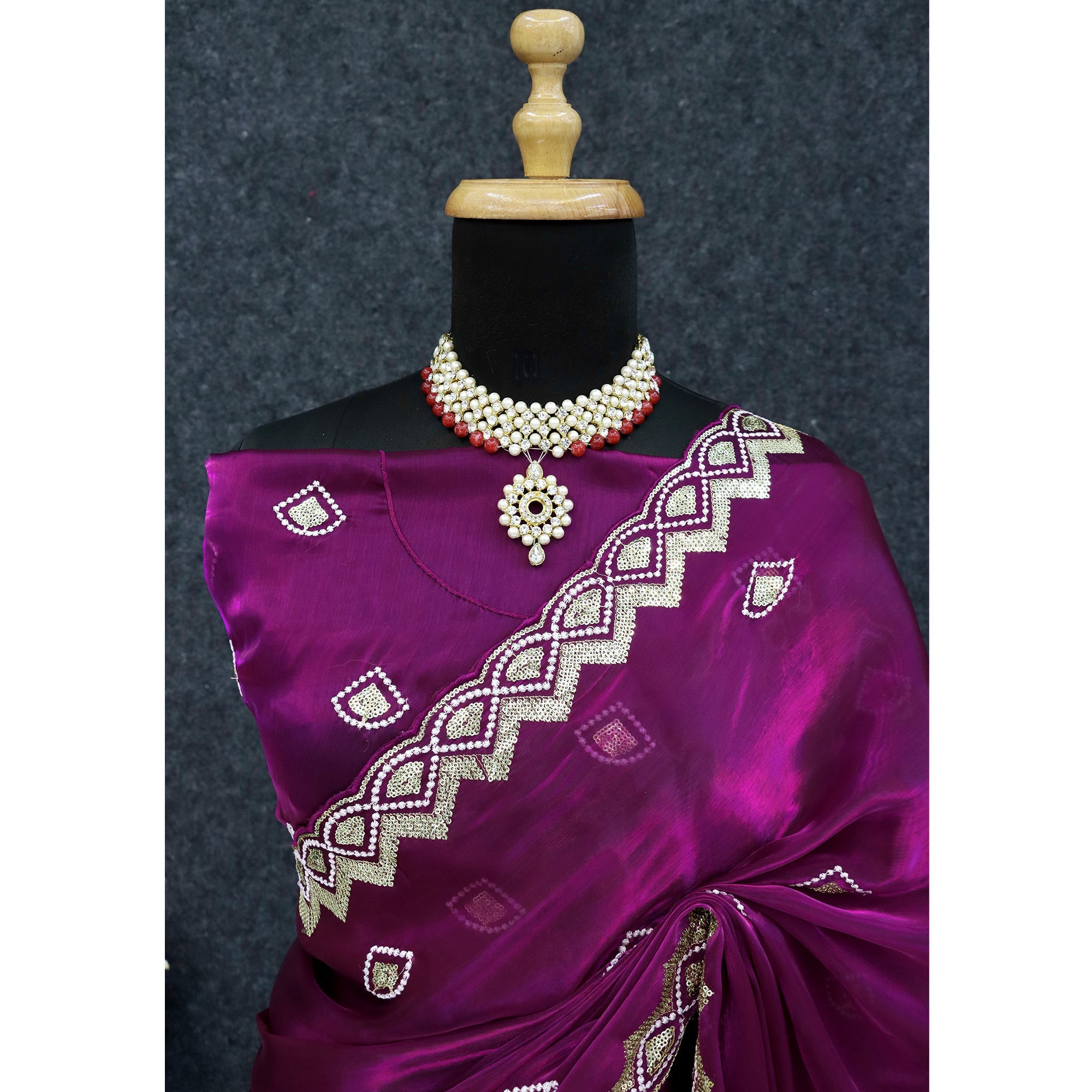 Peachmode Magenta Sequins Embroidered Satin Saree - view 7