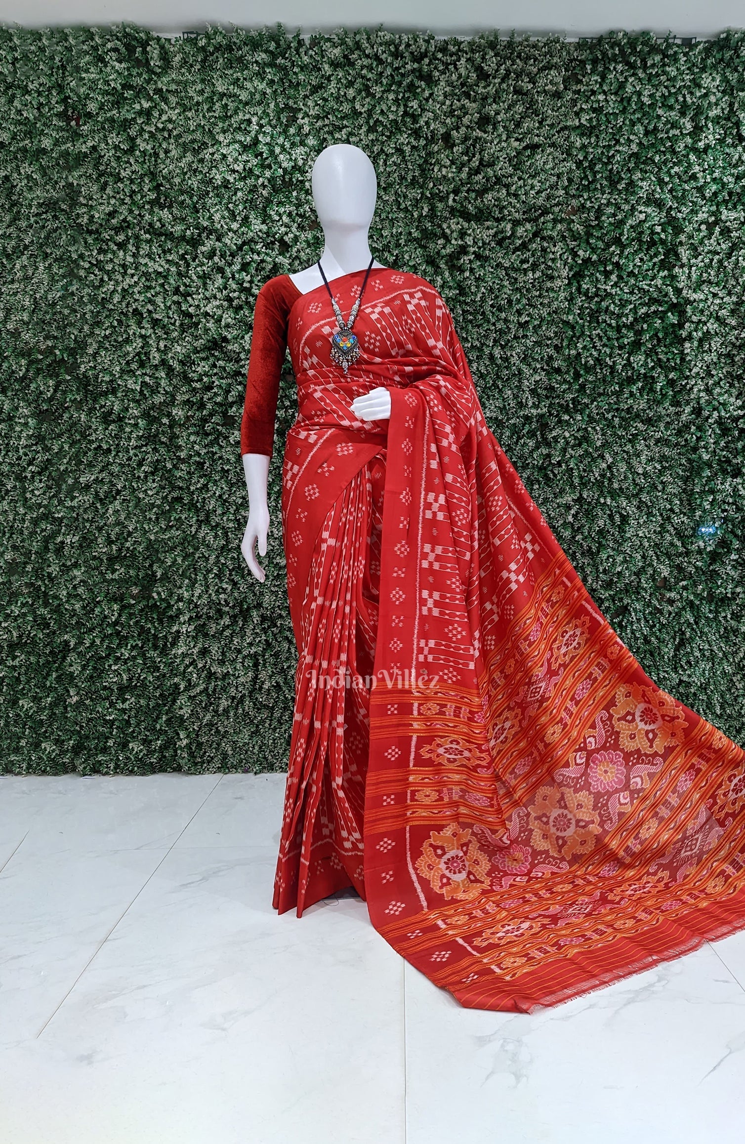 IndianVillèz Reddish Orange Odisha Ikat Designer Contemporary Silk Saree